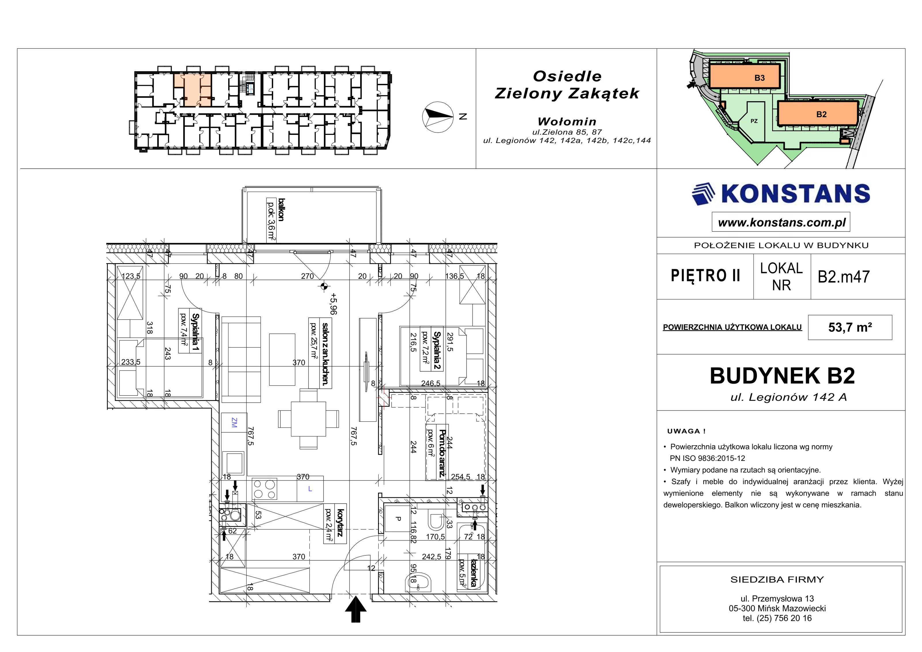 3 pokoje, mieszkanie 53,70 m², piętro 2, oferta nr B2.47, Osiedle Zielony Zakątek - Etap II, Wołomin, ul. Legionów 142A/144