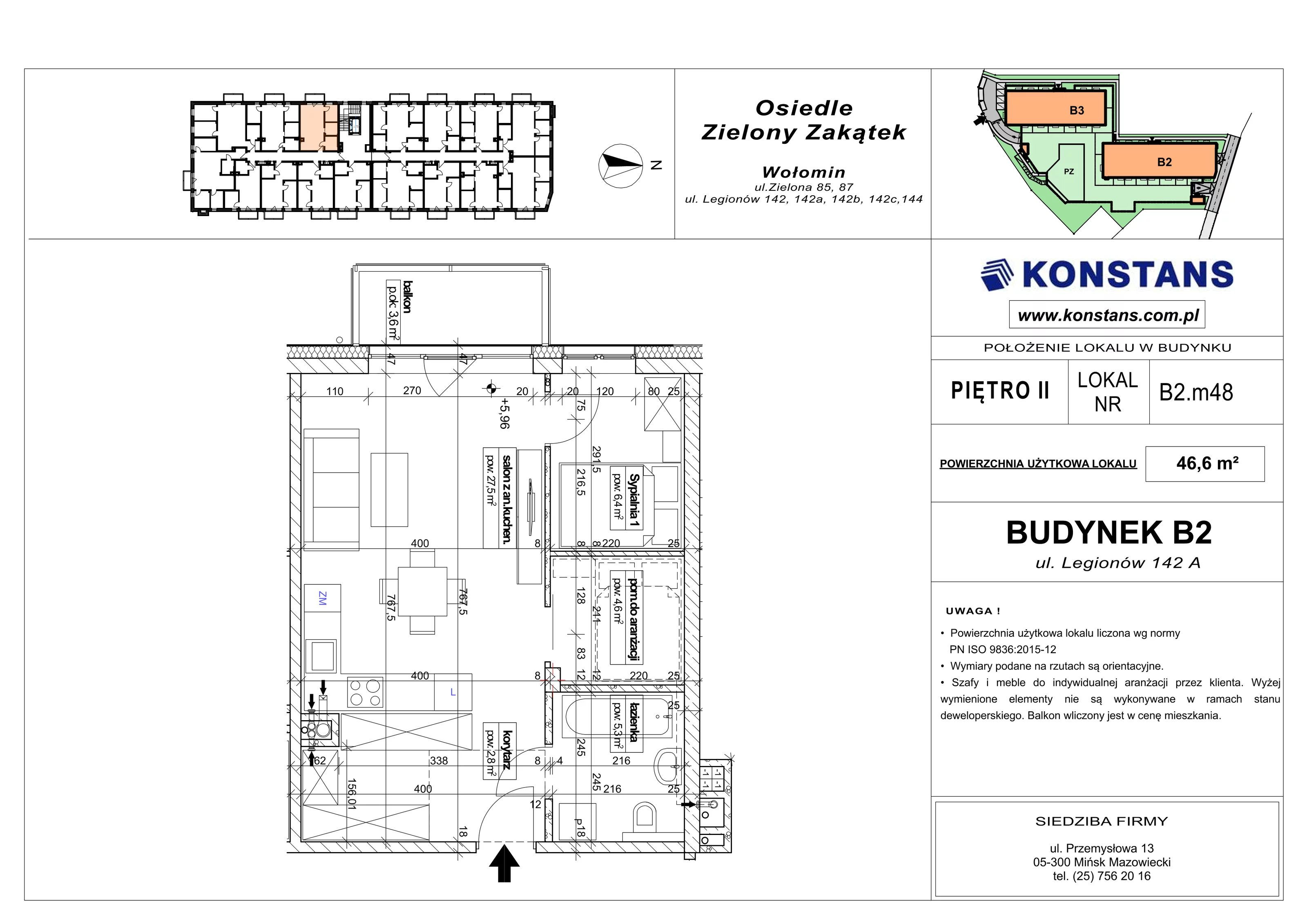 2 pokoje, mieszkanie 46,60 m², piętro 2, oferta nr B2.48, Osiedle Zielony Zakątek - Etap II, Wołomin, ul. Legionów 142A/144