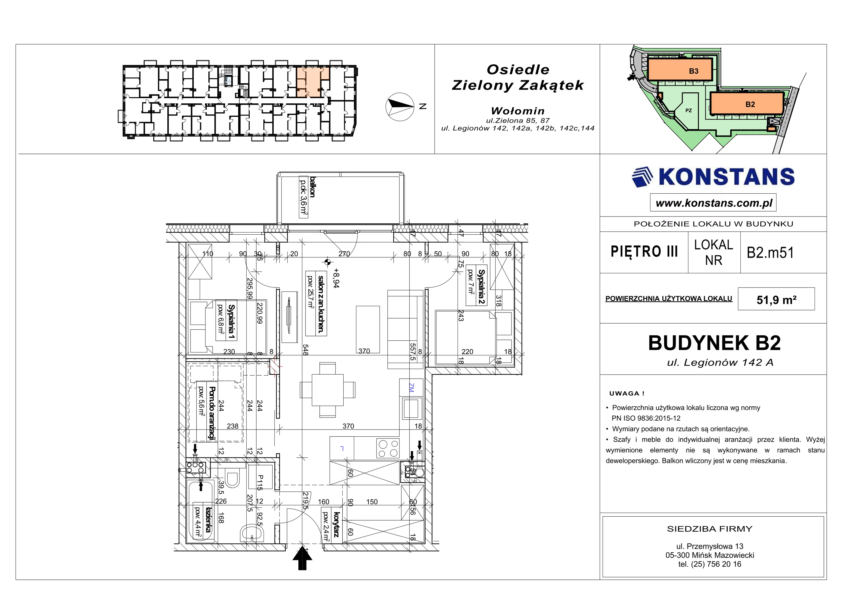3 pokoje, mieszkanie 51,90 m², piętro 3, oferta nr B2.51, Osiedle Zielony Zakątek - Etap II, Wołomin, ul. Legionów 142A/144