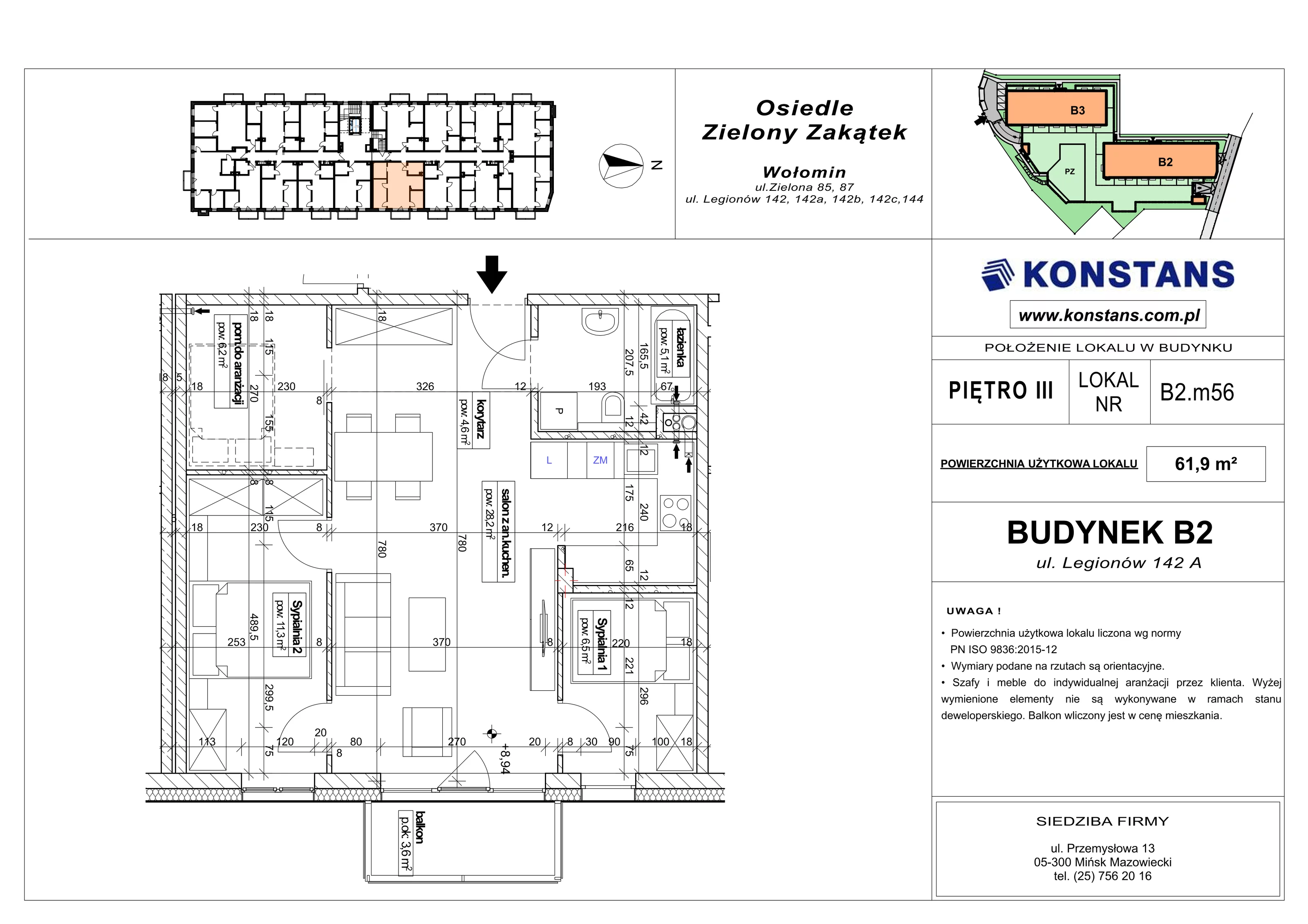 3 pokoje, mieszkanie 61,90 m², piętro 3, oferta nr B2.56, Osiedle Zielony Zakątek - Etap II, Wołomin, ul. Legionów 142A/144