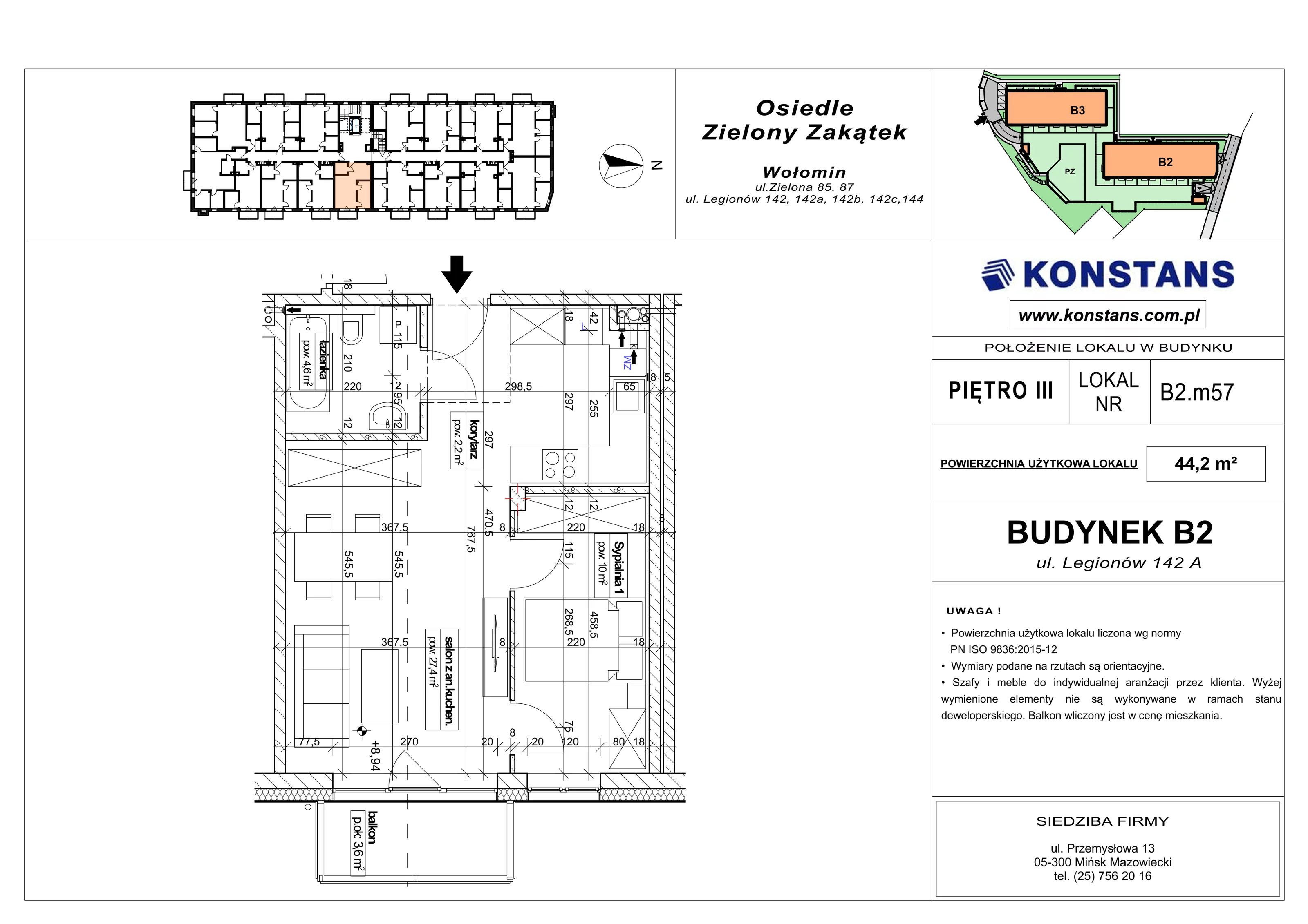 2 pokoje, mieszkanie 44,20 m², piętro 3, oferta nr B2.57, Osiedle Zielony Zakątek - Etap II, Wołomin, ul. Legionów 142A/144
