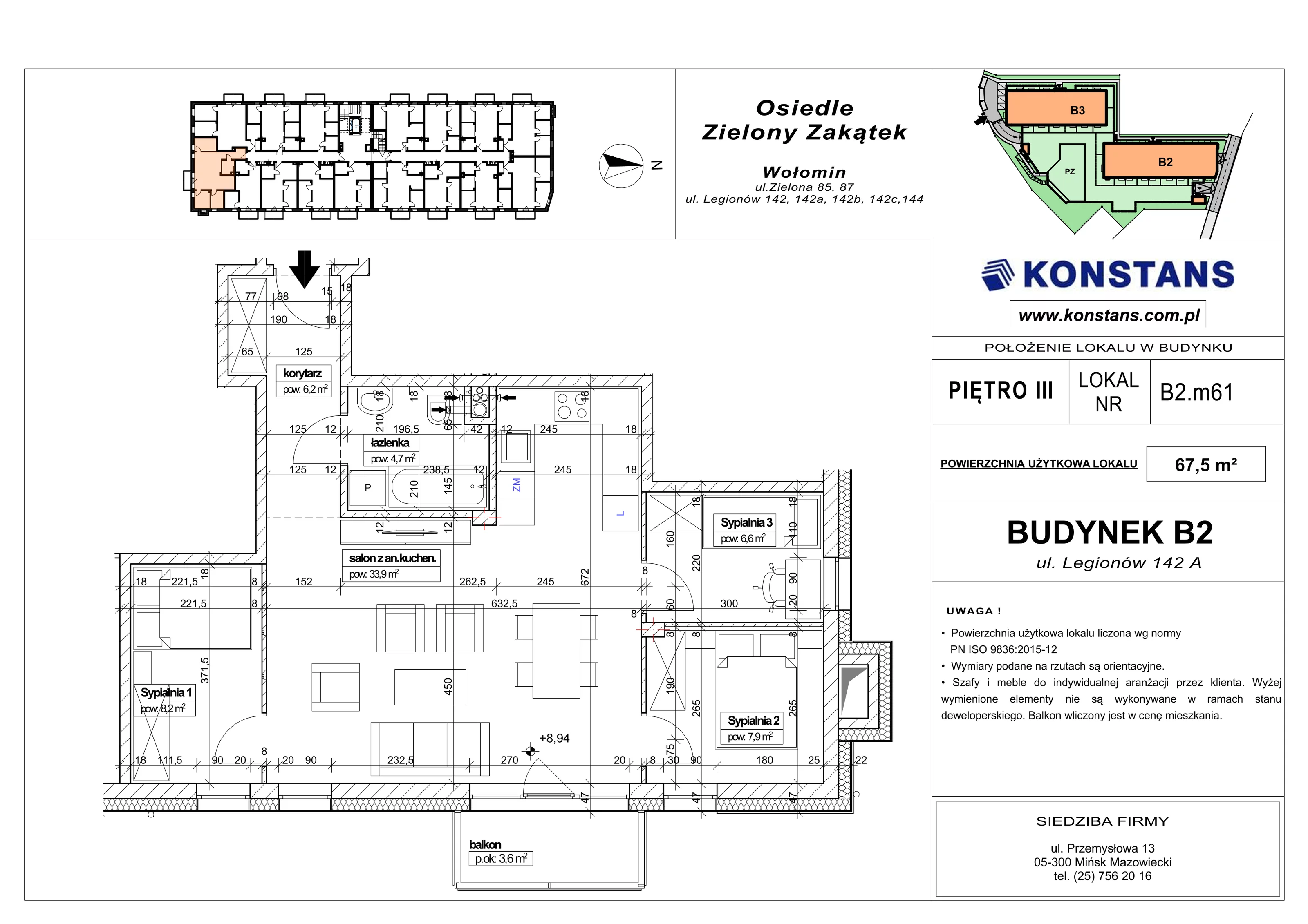 4 pokoje, mieszkanie 67,50 m², piętro 3, oferta nr B2.61, Osiedle Zielony Zakątek - Etap II, Wołomin, ul. Legionów 142A/144