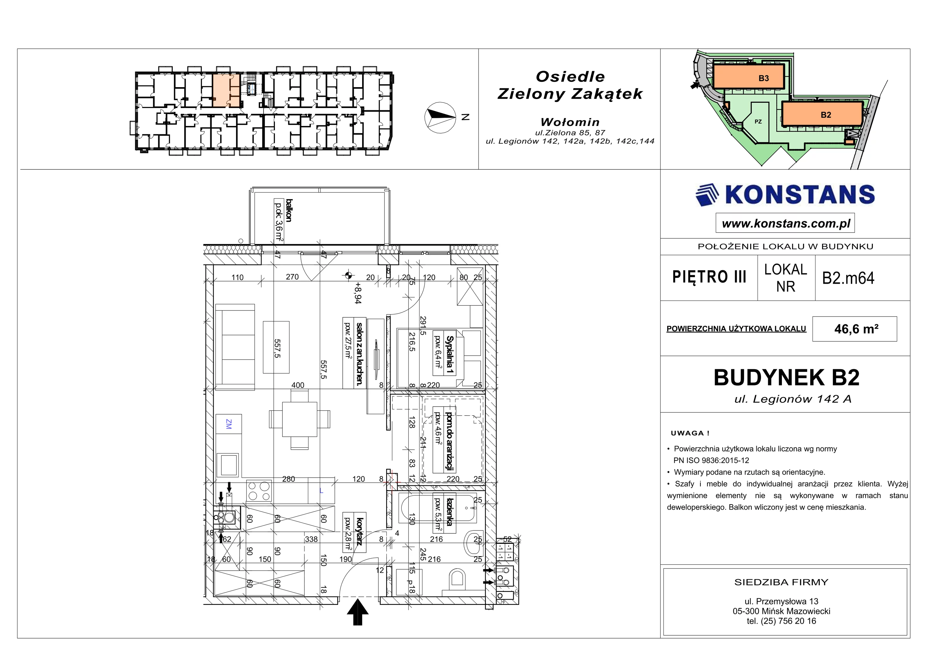 2 pokoje, mieszkanie 46,60 m², piętro 3, oferta nr B2.64, Osiedle Zielony Zakątek - Etap II, Wołomin, ul. Legionów 142A/144
