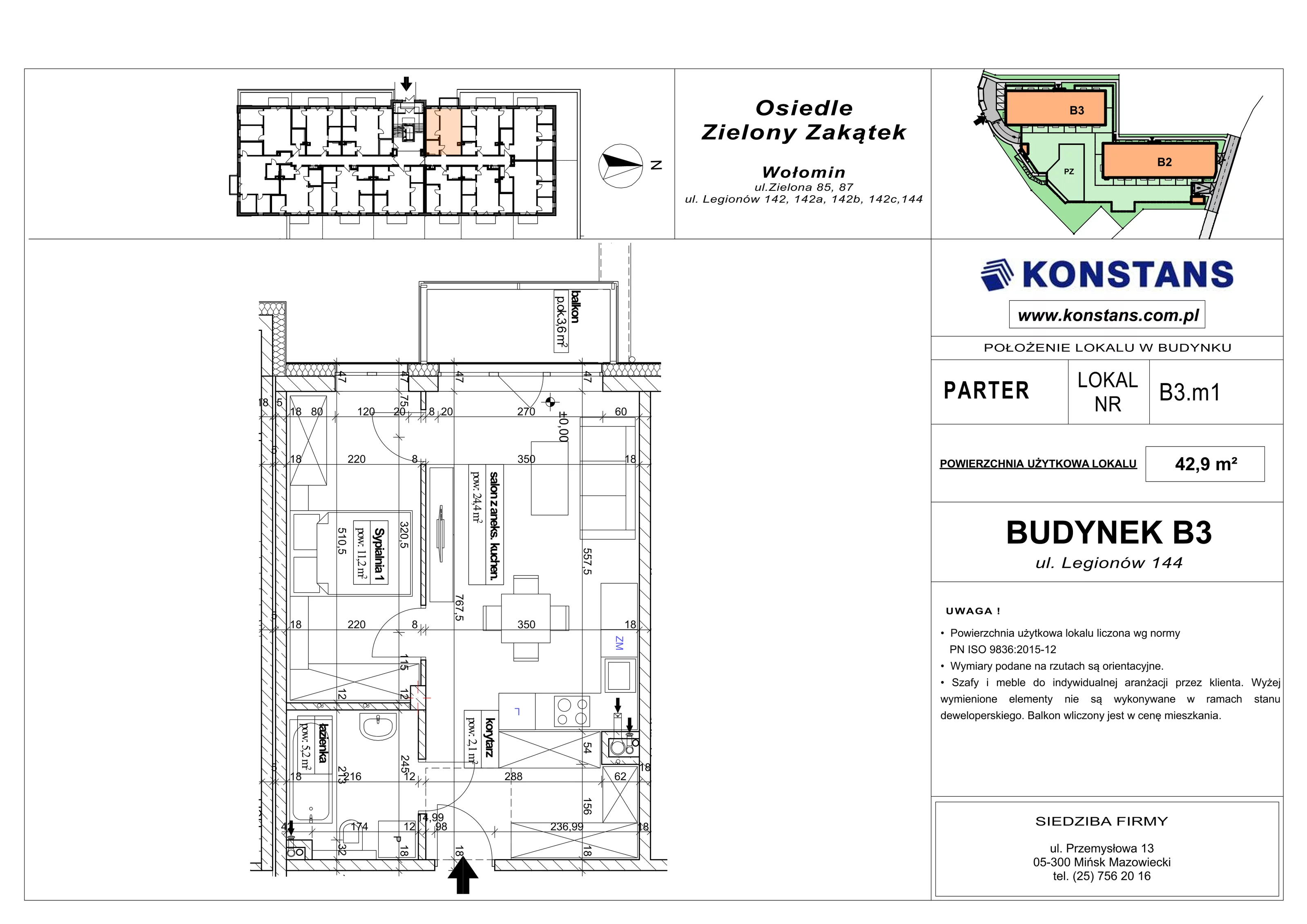 2 pokoje, mieszkanie 42,90 m², parter, oferta nr B3.1, Osiedle Zielony Zakątek - Etap II, Wołomin, ul. Legionów 142A/144