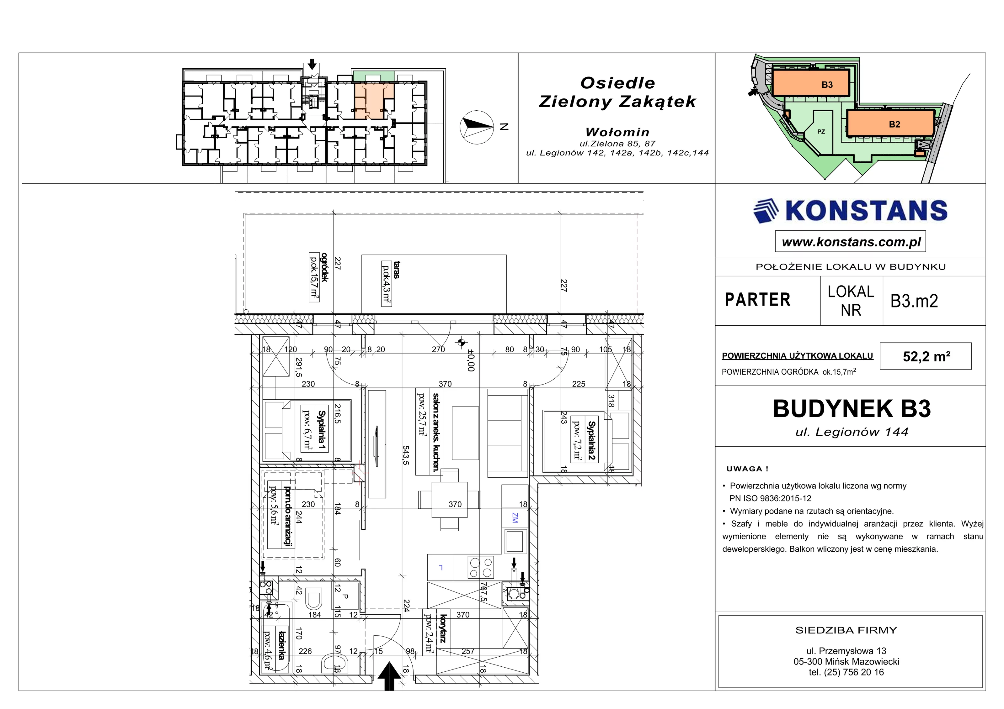 3 pokoje, mieszkanie 52,20 m², parter, oferta nr B3.2, Osiedle Zielony Zakątek - Etap II, Wołomin, ul. Legionów 142A/144