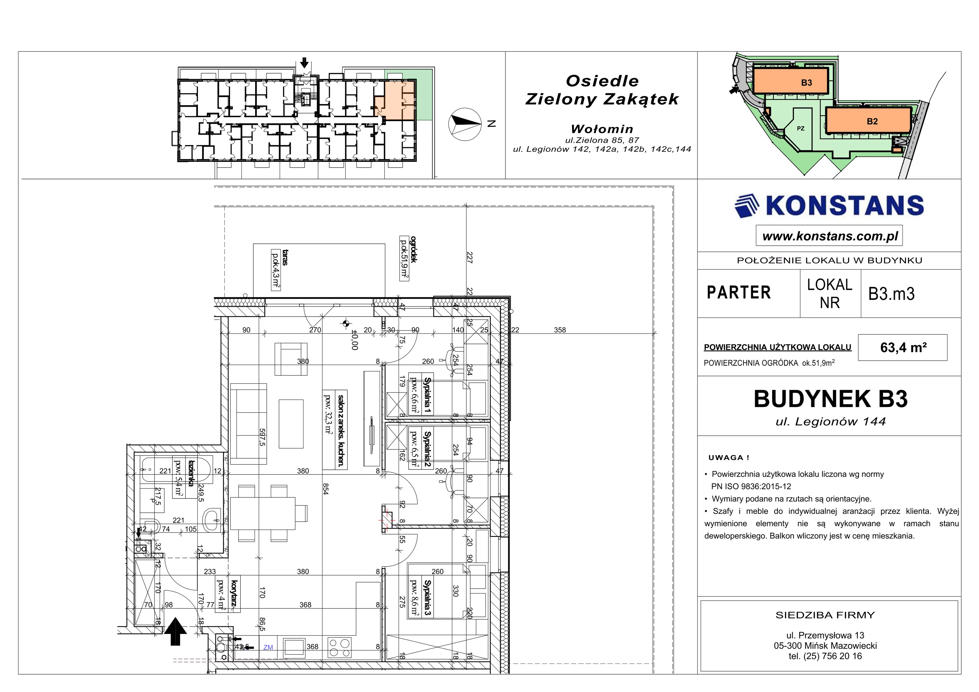 4 pokoje, mieszkanie 63,40 m², parter, oferta nr B3.3, Osiedle Zielony Zakątek - Etap II, Wołomin, ul. Legionów 142A/144