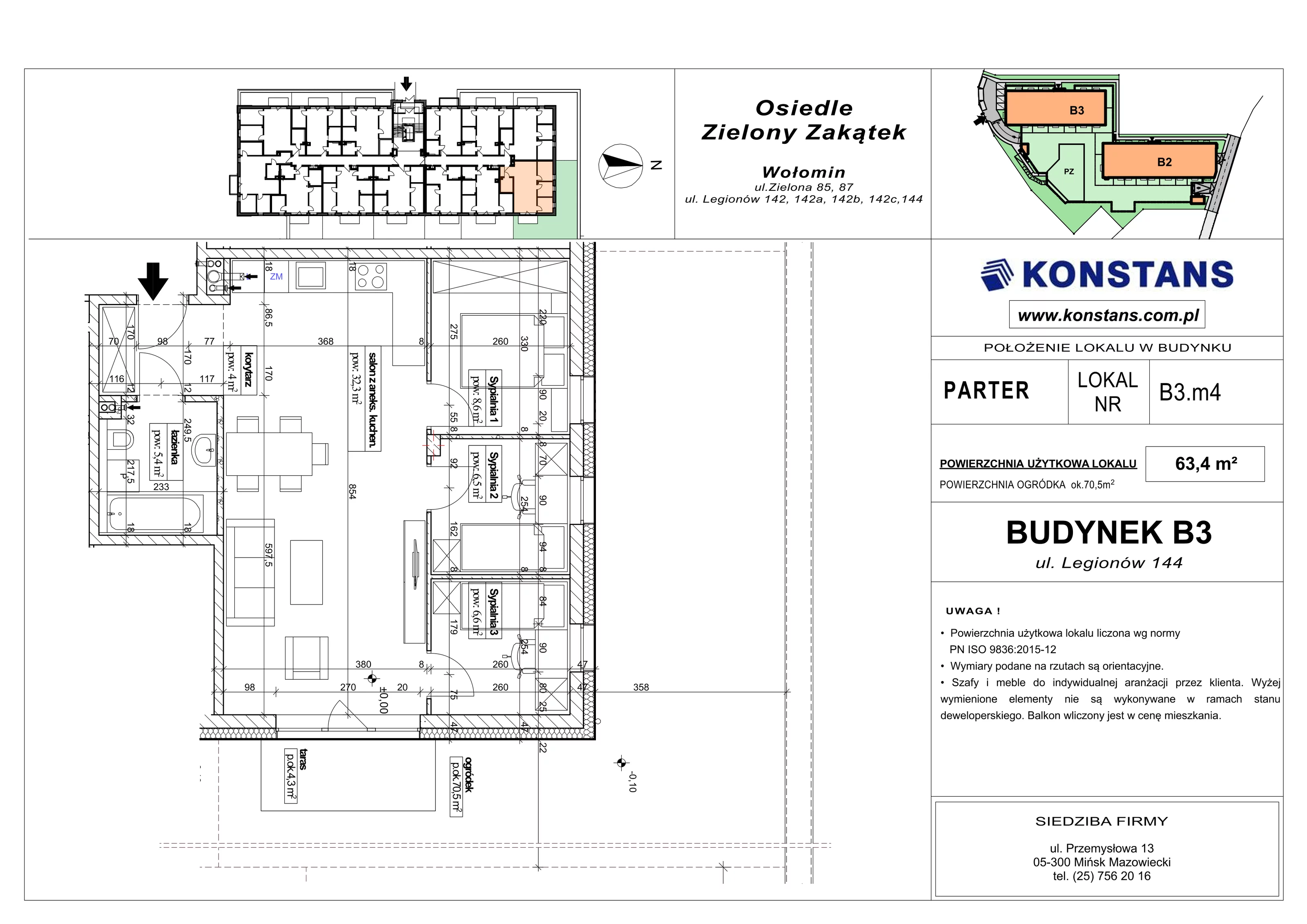 4 pokoje, mieszkanie 63,40 m², parter, oferta nr B3.4, Osiedle Zielony Zakątek - Etap II, Wołomin, ul. Legionów 142A/144