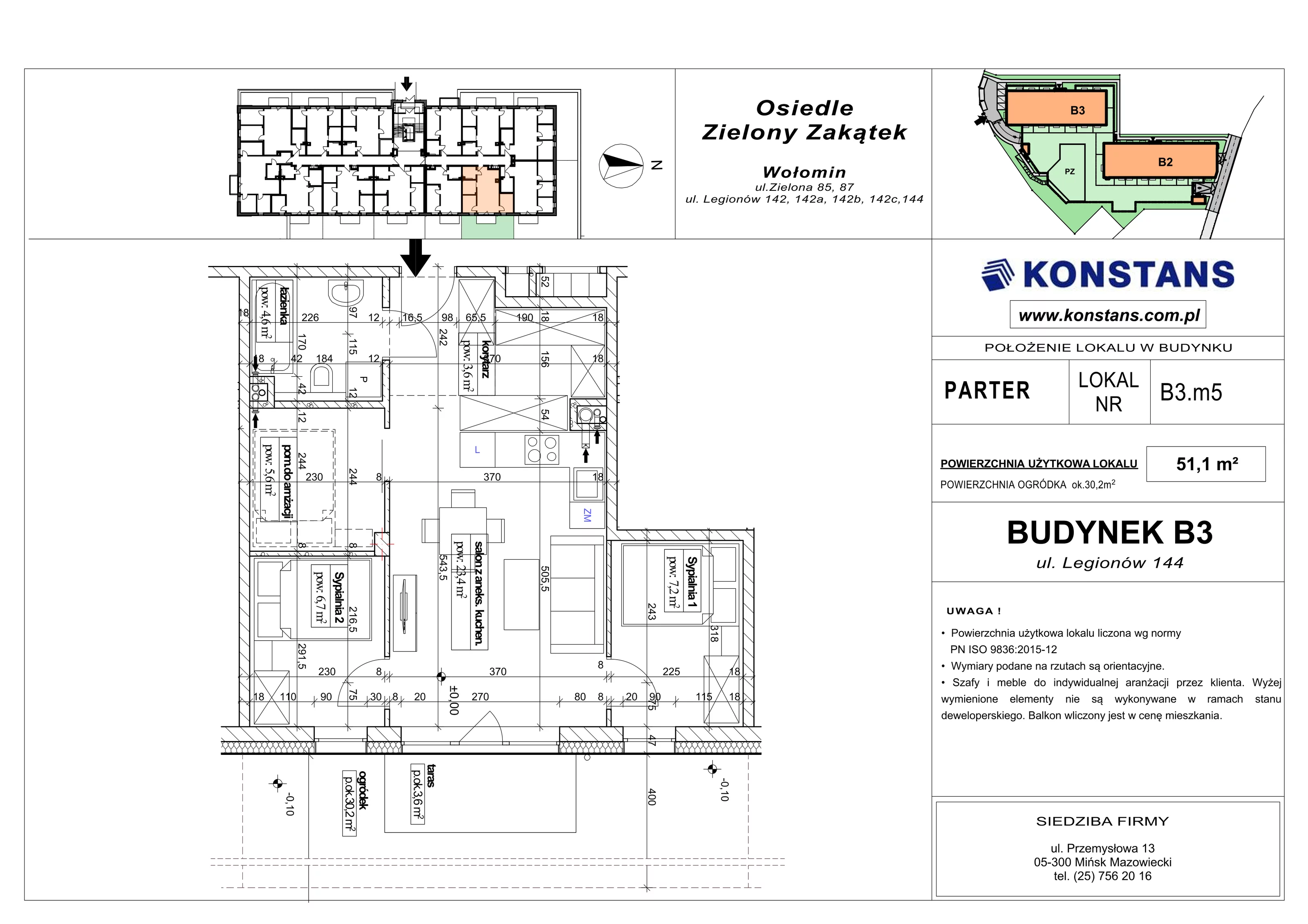 3 pokoje, mieszkanie 51,10 m², parter, oferta nr B3.5, Osiedle Zielony Zakątek - Etap II, Wołomin, ul. Legionów 142A/144