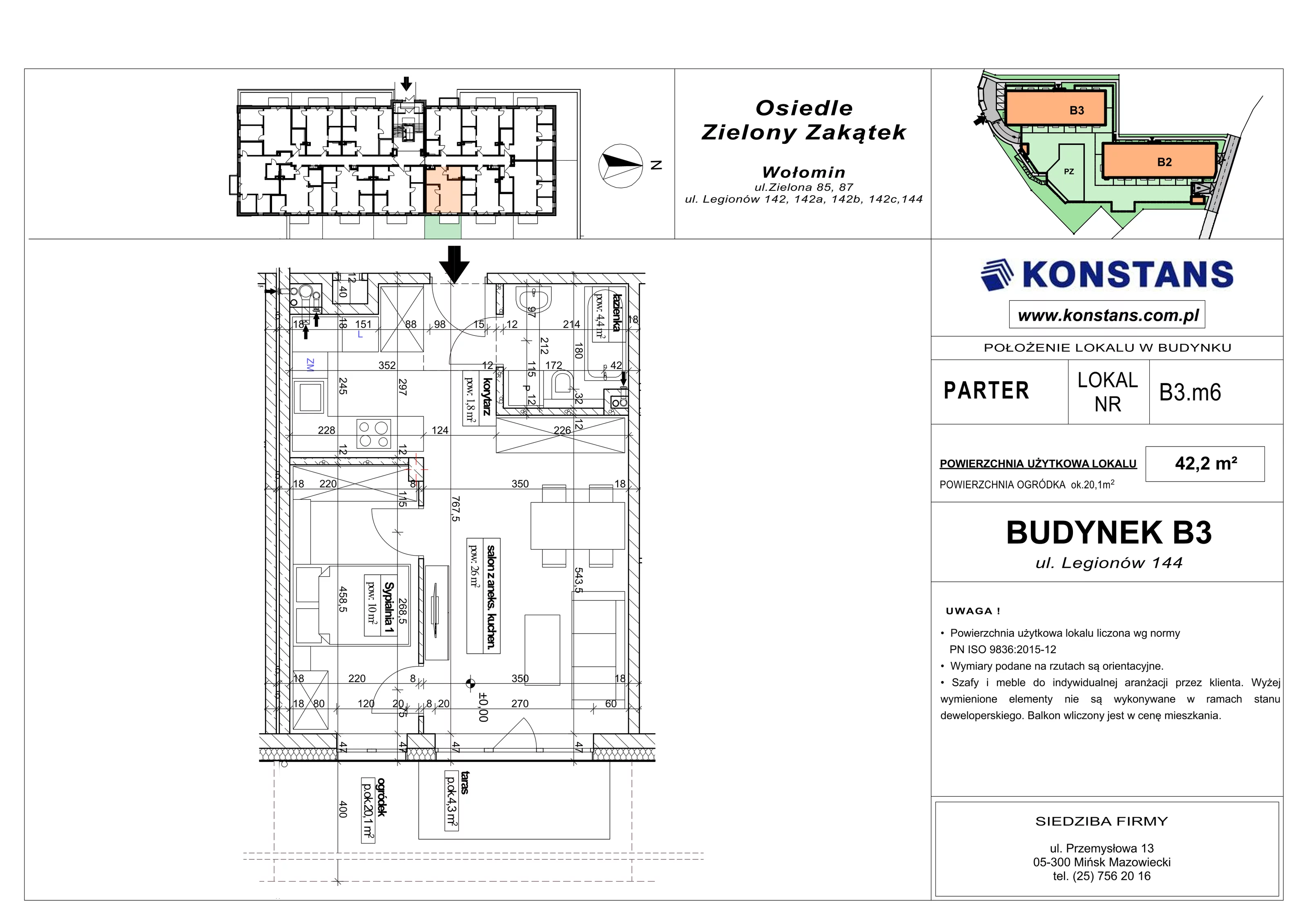 2 pokoje, mieszkanie 42,20 m², parter, oferta nr B3.6, Osiedle Zielony Zakątek - Etap II, Wołomin, ul. Legionów 142A/144