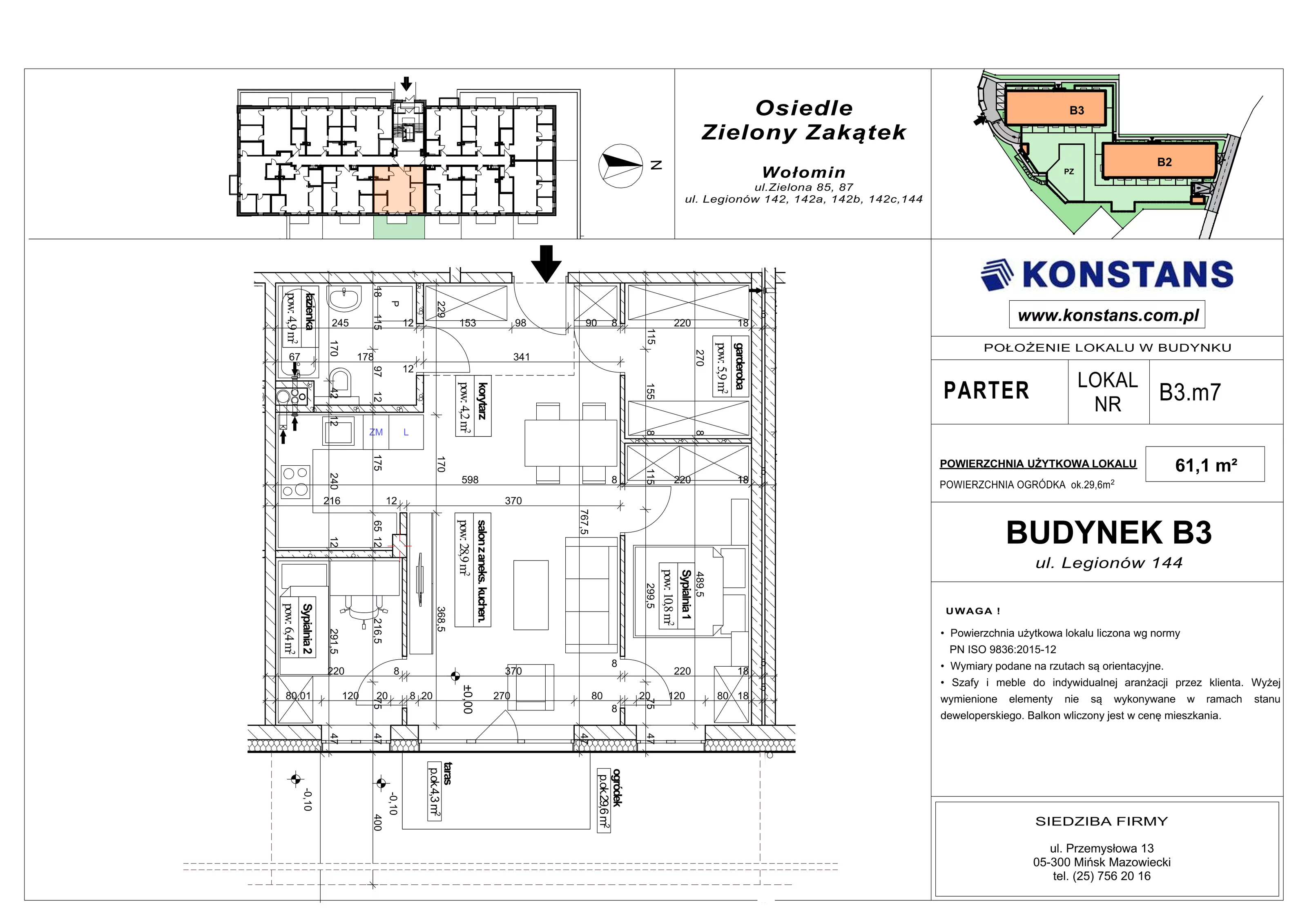 3 pokoje, mieszkanie 61,10 m², parter, oferta nr B3.7, Osiedle Zielony Zakątek - Etap II, Wołomin, ul. Legionów 142A/144