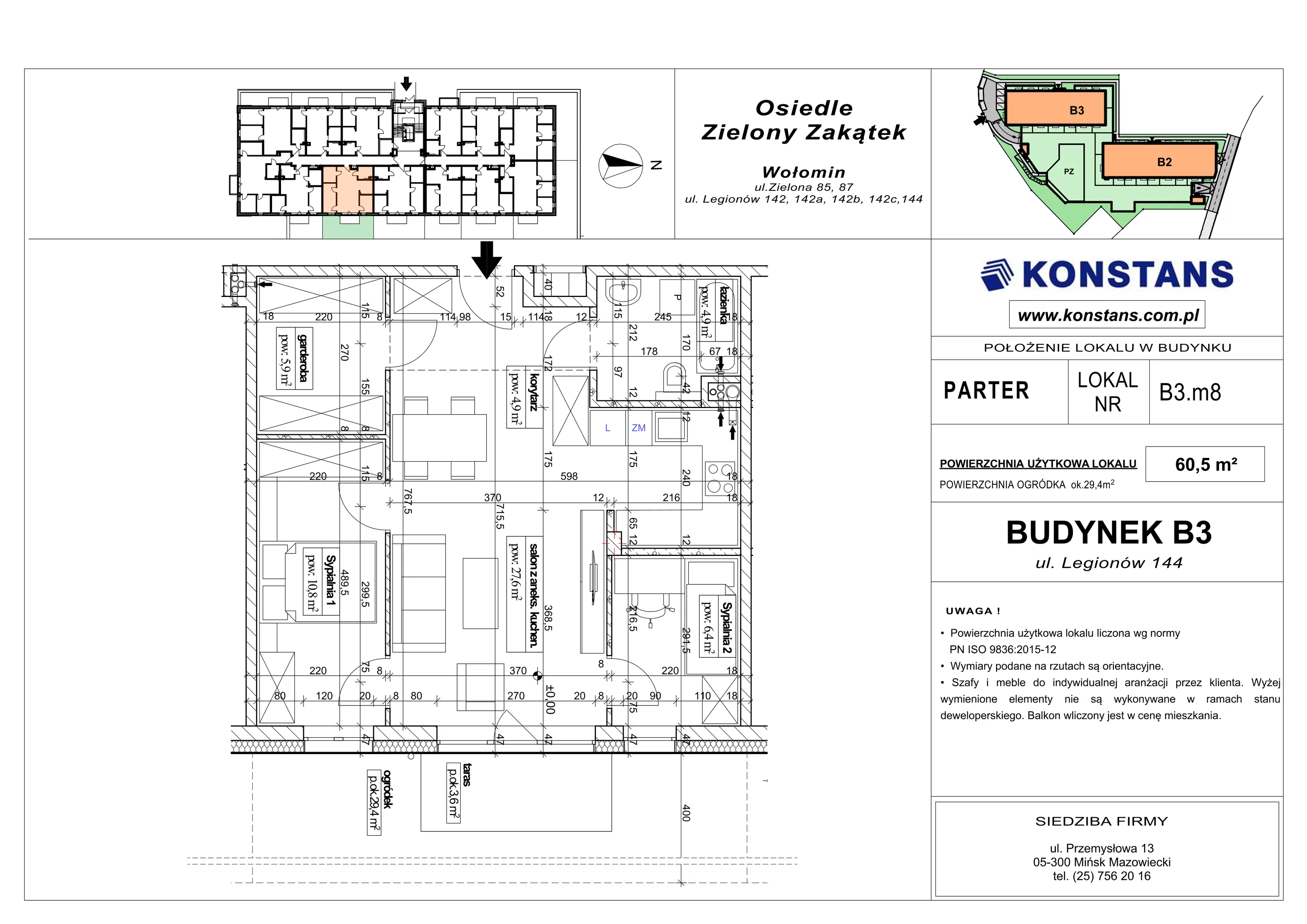 3 pokoje, mieszkanie 60,50 m², parter, oferta nr B3.8, Osiedle Zielony Zakątek - Etap II, Wołomin, ul. Legionów 142A/144