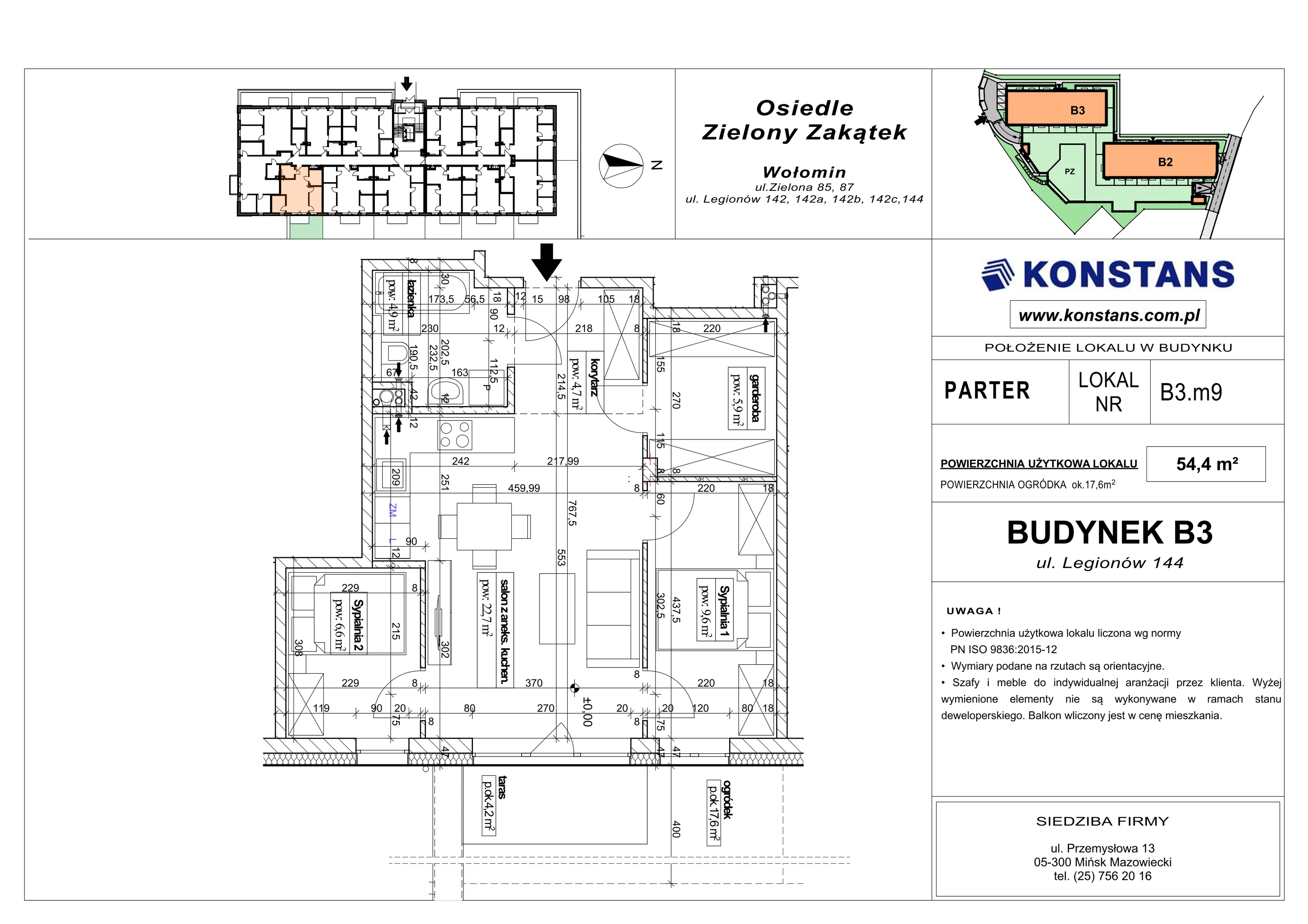3 pokoje, mieszkanie 54,40 m², parter, oferta nr B3.9, Osiedle Zielony Zakątek - Etap II, Wołomin, ul. Legionów 142A/144