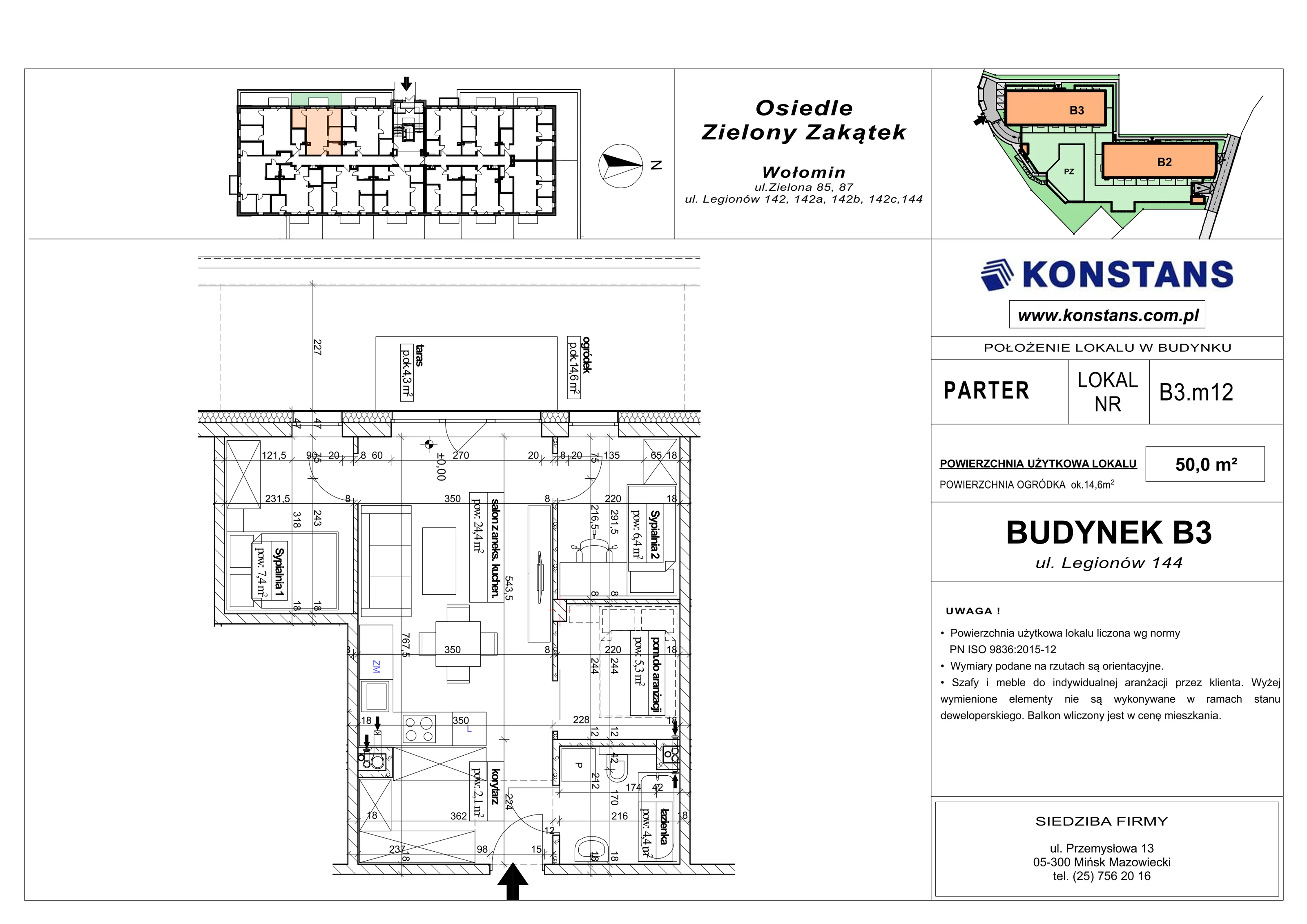 3 pokoje, mieszkanie 50,00 m², parter, oferta nr B3.12, Osiedle Zielony Zakątek - Etap II, Wołomin, ul. Legionów 142A/144