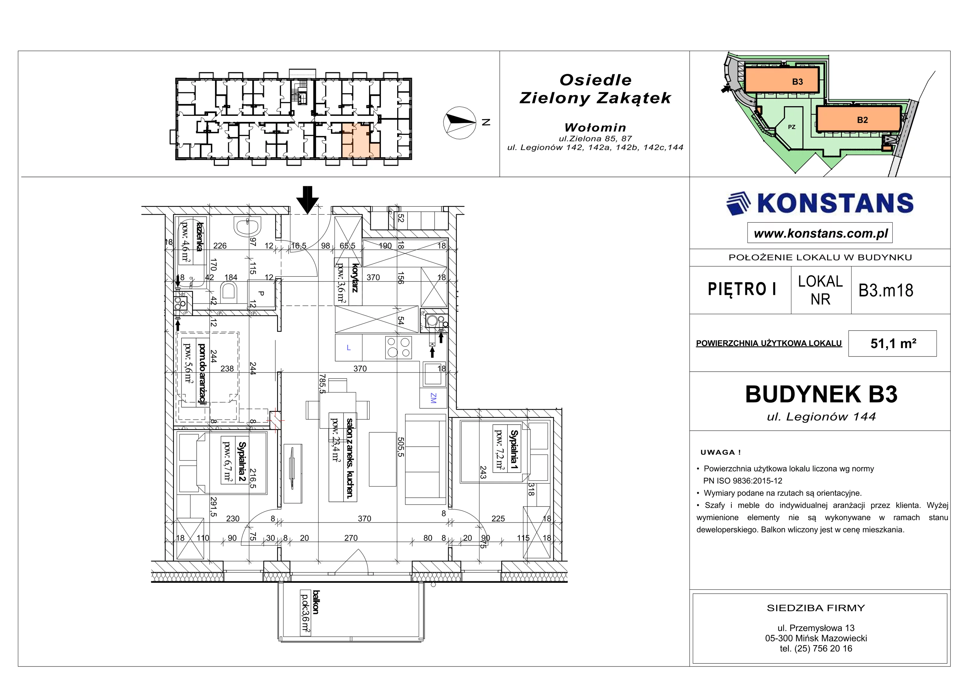 3 pokoje, mieszkanie 51,10 m², piętro 1, oferta nr B3.18, Osiedle Zielony Zakątek - Etap II, Wołomin, ul. Legionów 142A/144