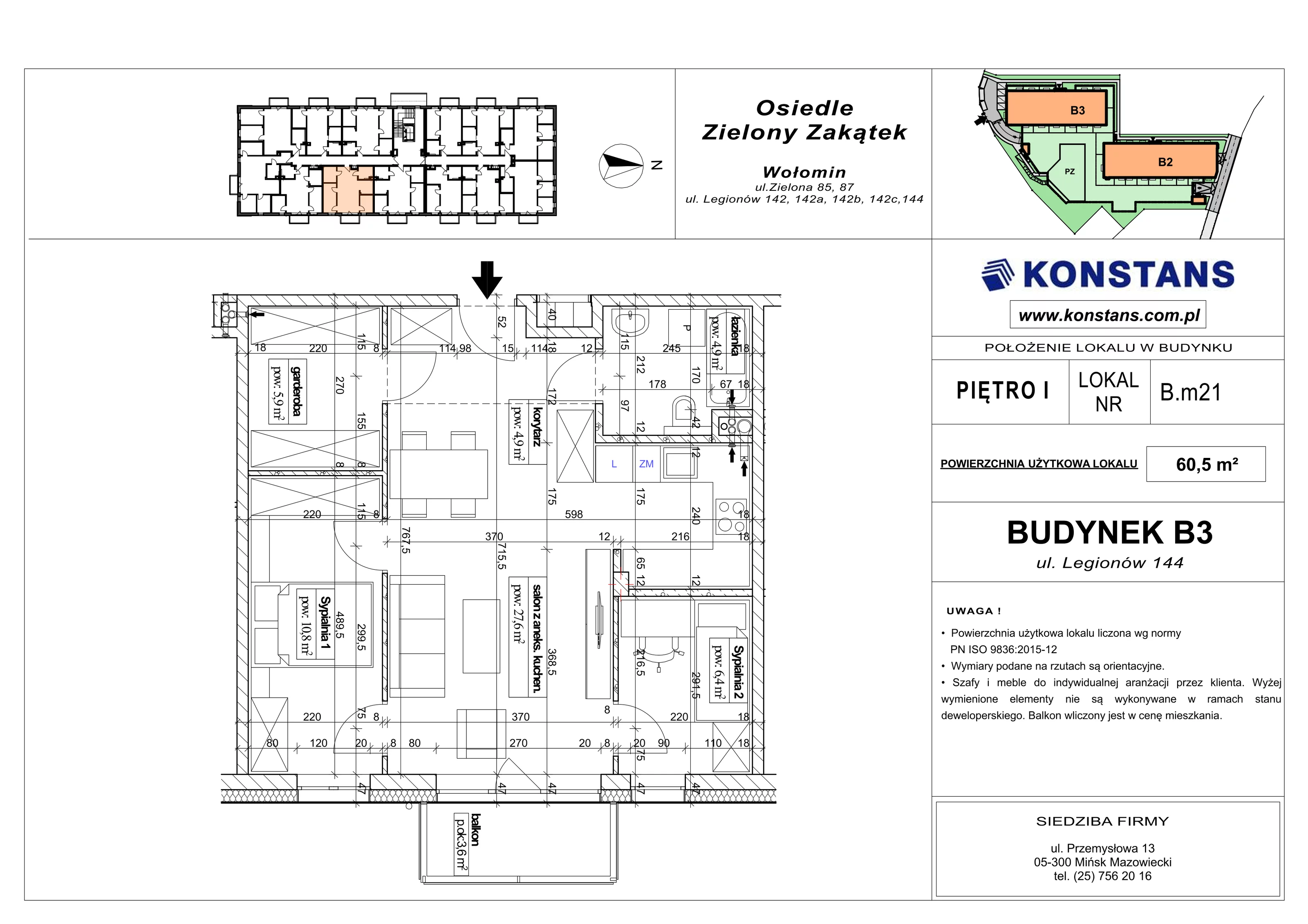 3 pokoje, mieszkanie 60,50 m², piętro 1, oferta nr B3.21, Osiedle Zielony Zakątek - Etap II, Wołomin, ul. Legionów 142A/144