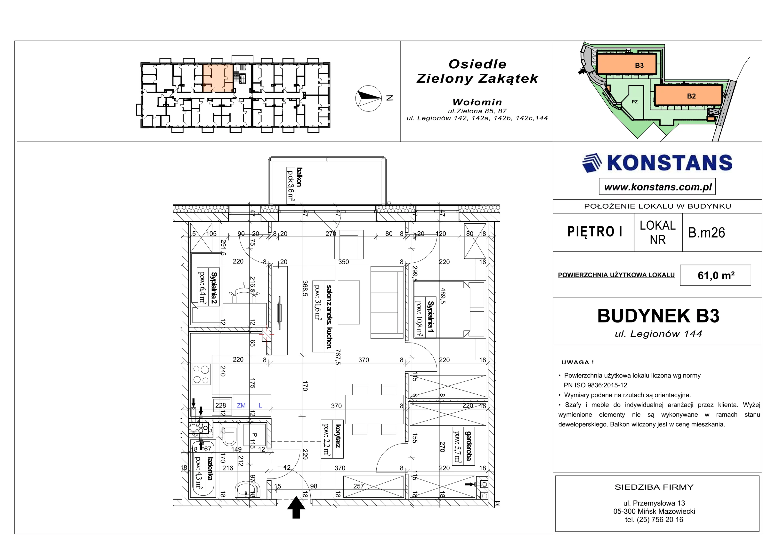 3 pokoje, mieszkanie 61,00 m², piętro 1, oferta nr B3.26, Osiedle Zielony Zakątek - Etap II, Wołomin, ul. Legionów 142A/144