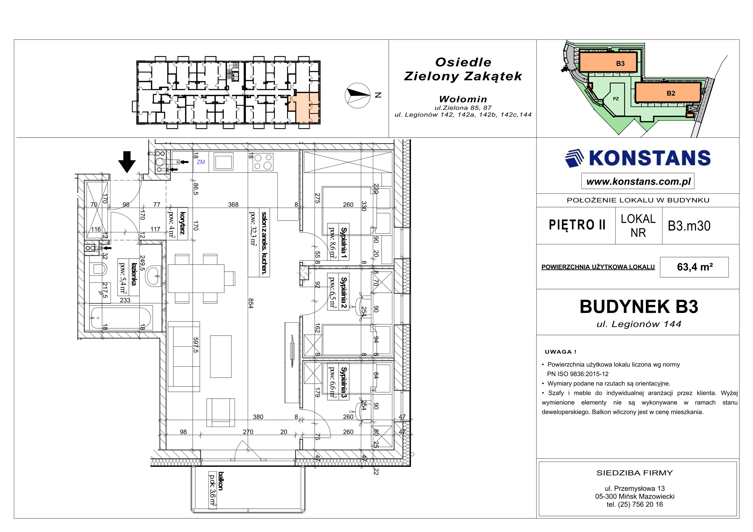 4 pokoje, mieszkanie 63,40 m², piętro 2, oferta nr B3.30, Osiedle Zielony Zakątek - Etap II, Wołomin, ul. Legionów 142A/144