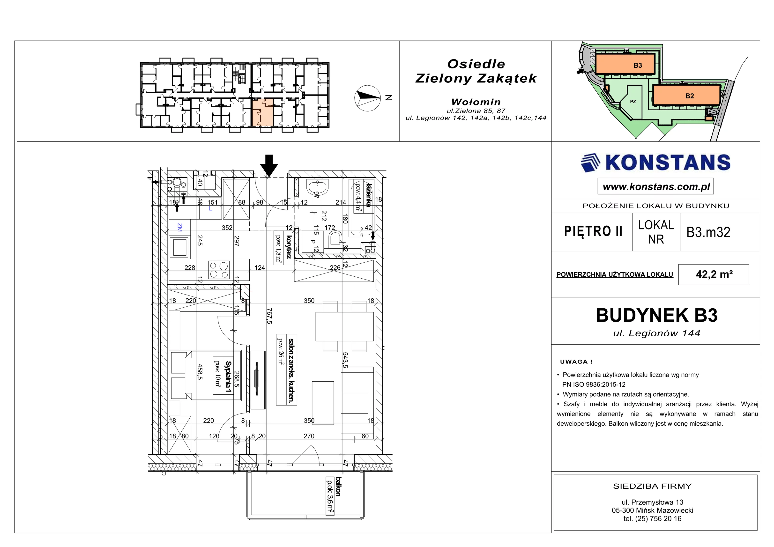 2 pokoje, mieszkanie 42,20 m², piętro 2, oferta nr B3.32, Osiedle Zielony Zakątek - Etap II, Wołomin, ul. Legionów 142A/144