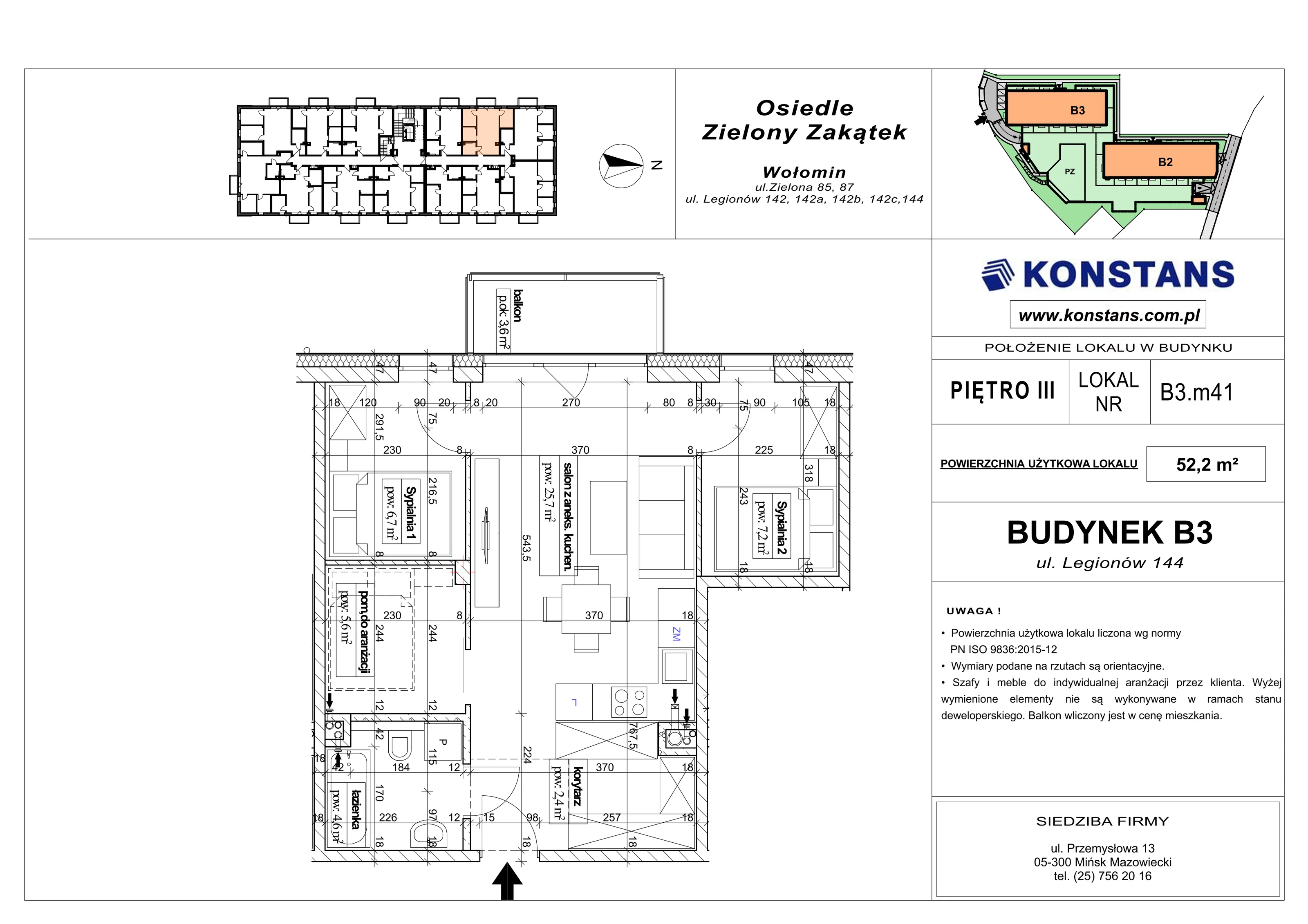 3 pokoje, mieszkanie 52,20 m², piętro 3, oferta nr B3.41, Osiedle Zielony Zakątek - Etap II, Wołomin, ul. Legionów 142A/144
