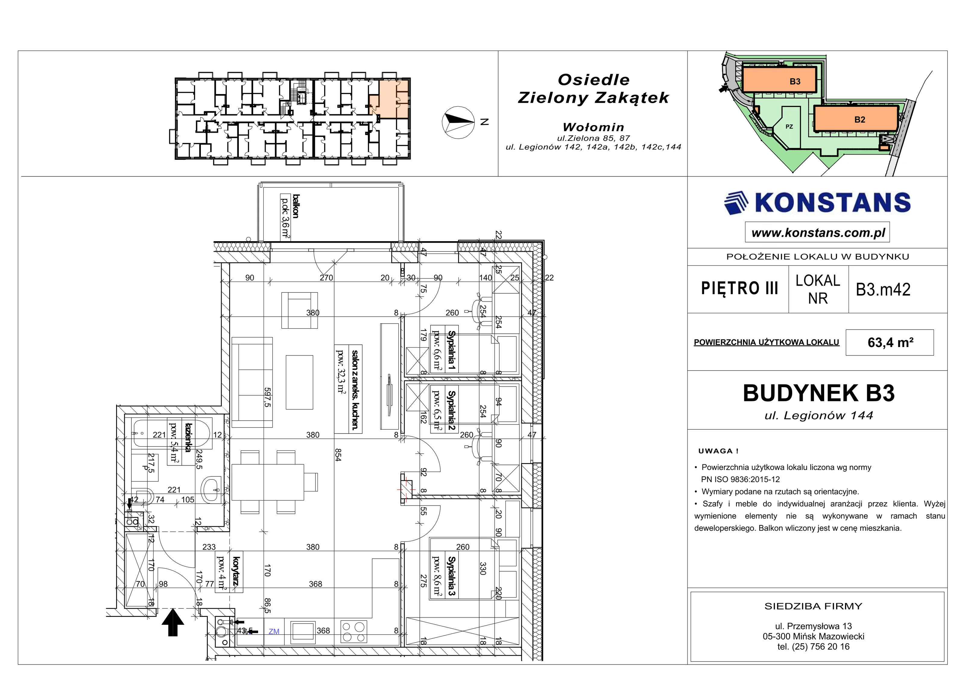 4 pokoje, mieszkanie 63,40 m², piętro 3, oferta nr B3.42, Osiedle Zielony Zakątek - Etap II, Wołomin, ul. Legionów 142A/144
