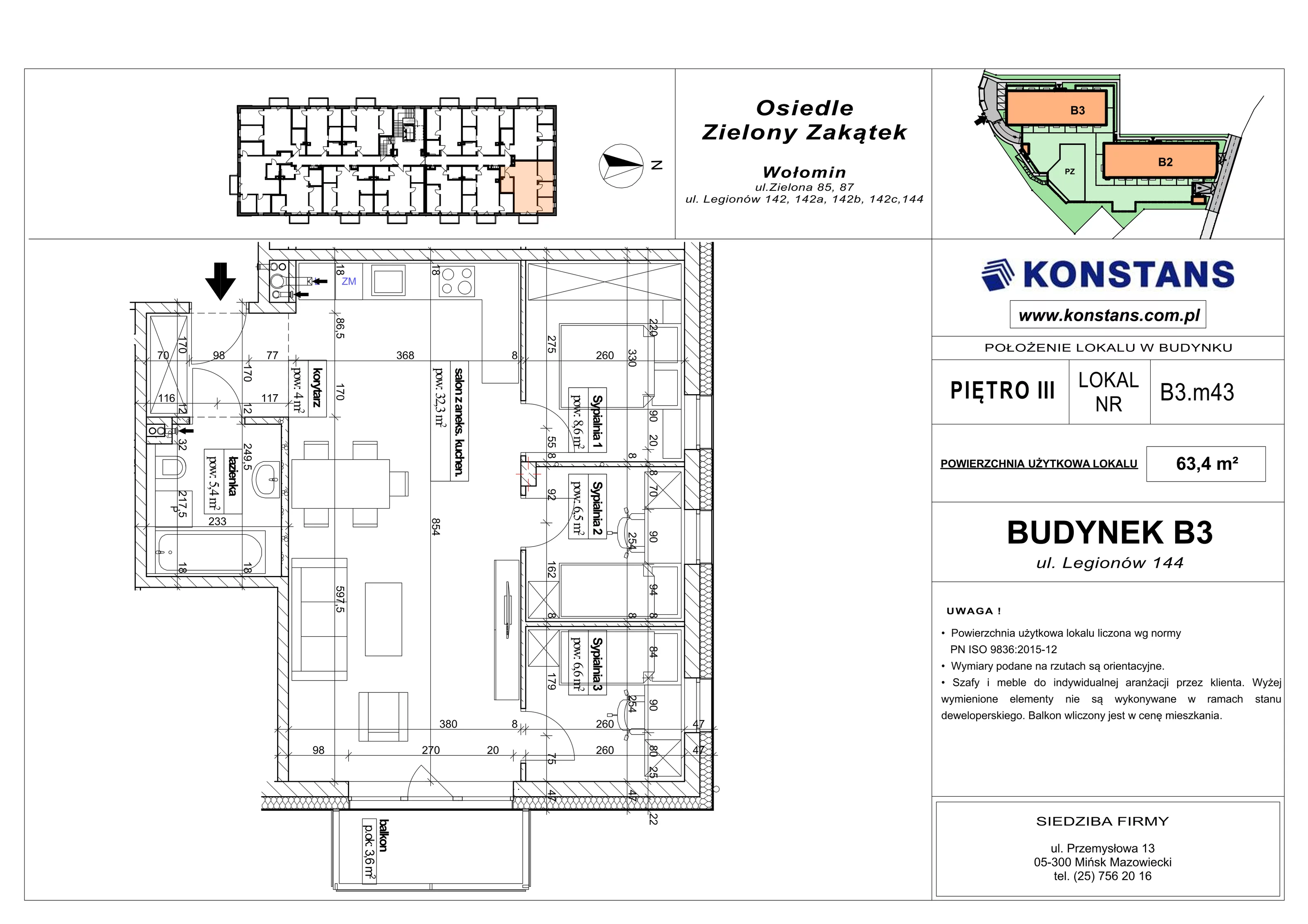 4 pokoje, mieszkanie 63,40 m², piętro 3, oferta nr B3.43, Osiedle Zielony Zakątek - Etap II, Wołomin, ul. Legionów 142A/144