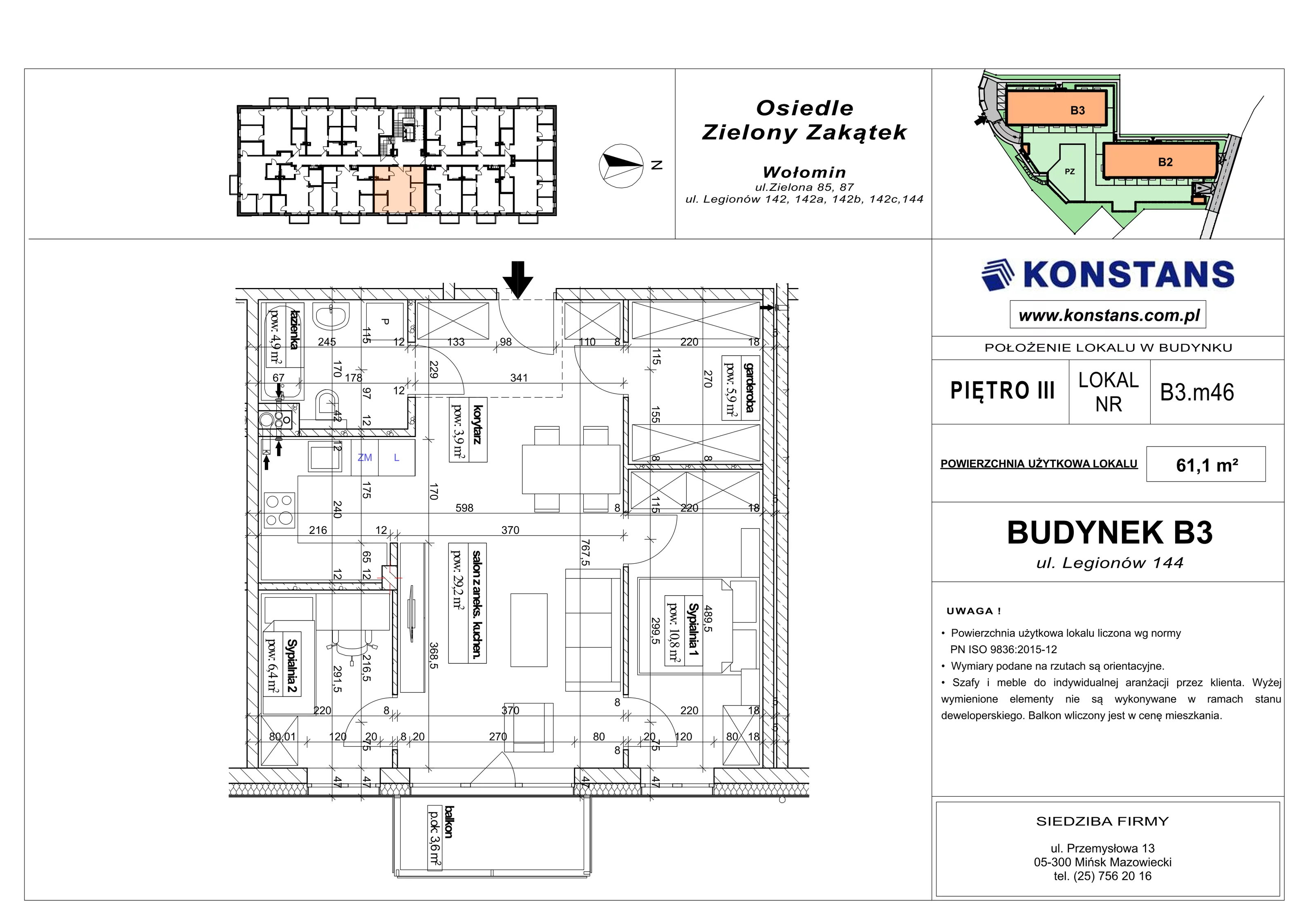 3 pokoje, mieszkanie 61,10 m², piętro 3, oferta nr B3.46, Osiedle Zielony Zakątek - Etap II, Wołomin, ul. Legionów 142A/144