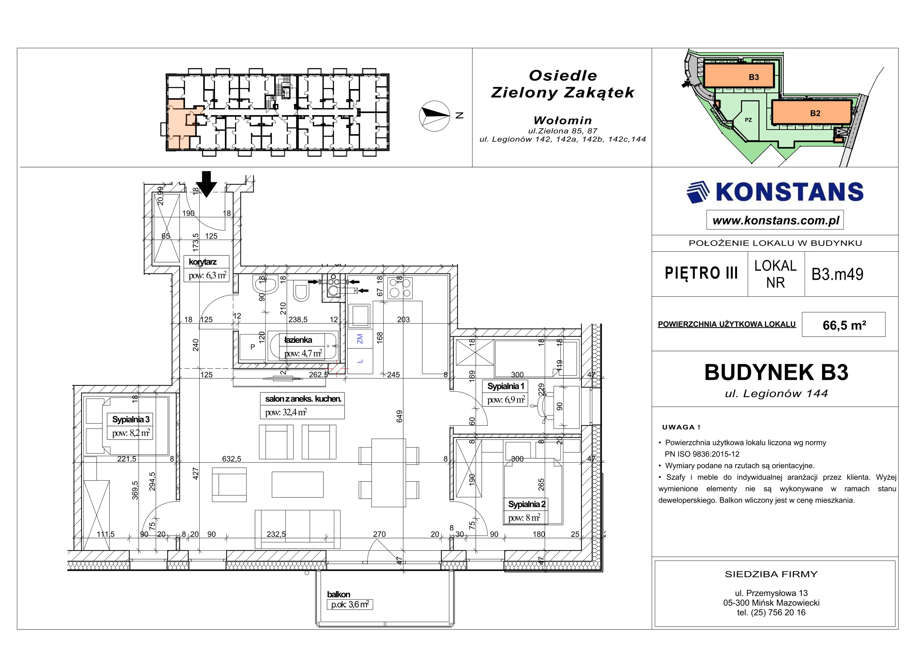 4 pokoje, mieszkanie 66,50 m², piętro 3, oferta nr B3.49, Osiedle Zielony Zakątek - Etap II, Wołomin, ul. Legionów 142A/144