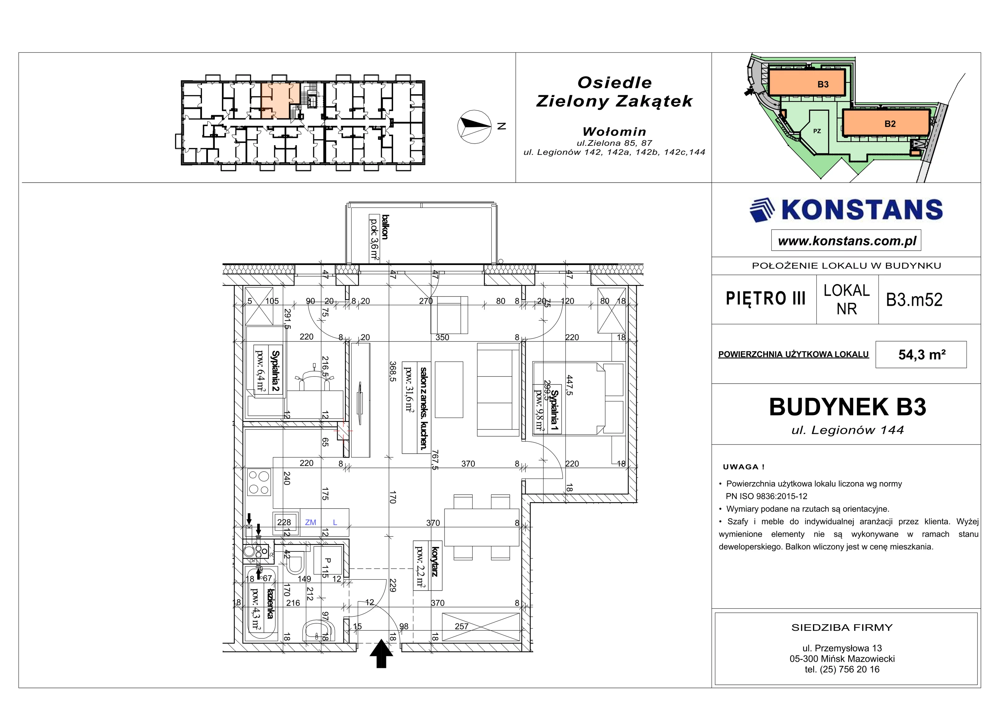 3 pokoje, mieszkanie 54,30 m², piętro 3, oferta nr B3.52, Osiedle Zielony Zakątek - Etap II, Wołomin, ul. Legionów 142A/144