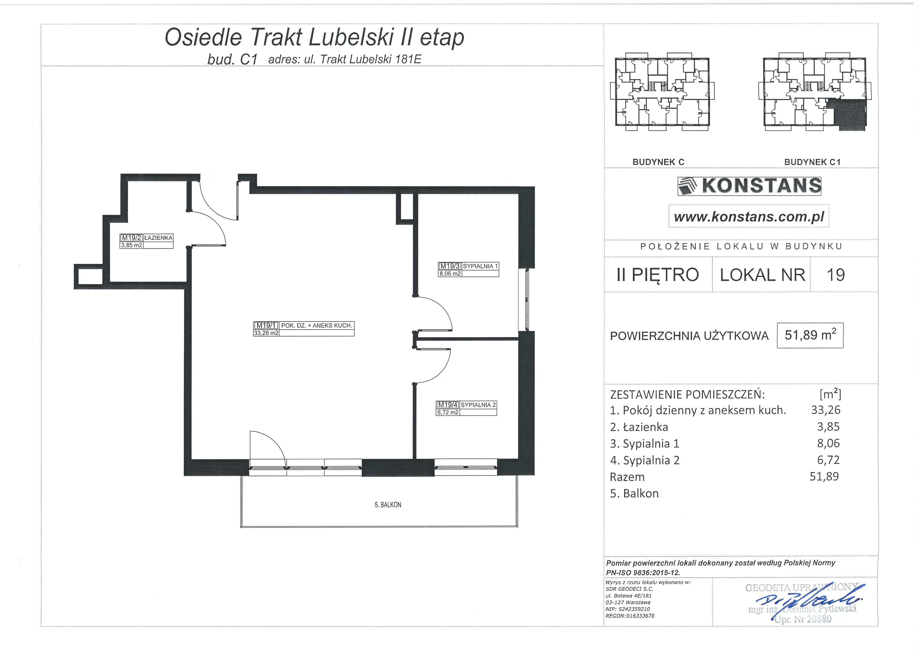 3 pokoje, mieszkanie 51,89 m², piętro 2, oferta nr E19, Trakt Lubelski - Etap II, Warszawa, Wawer, Zbytki, ul. Trakt Lubelski 181E/F