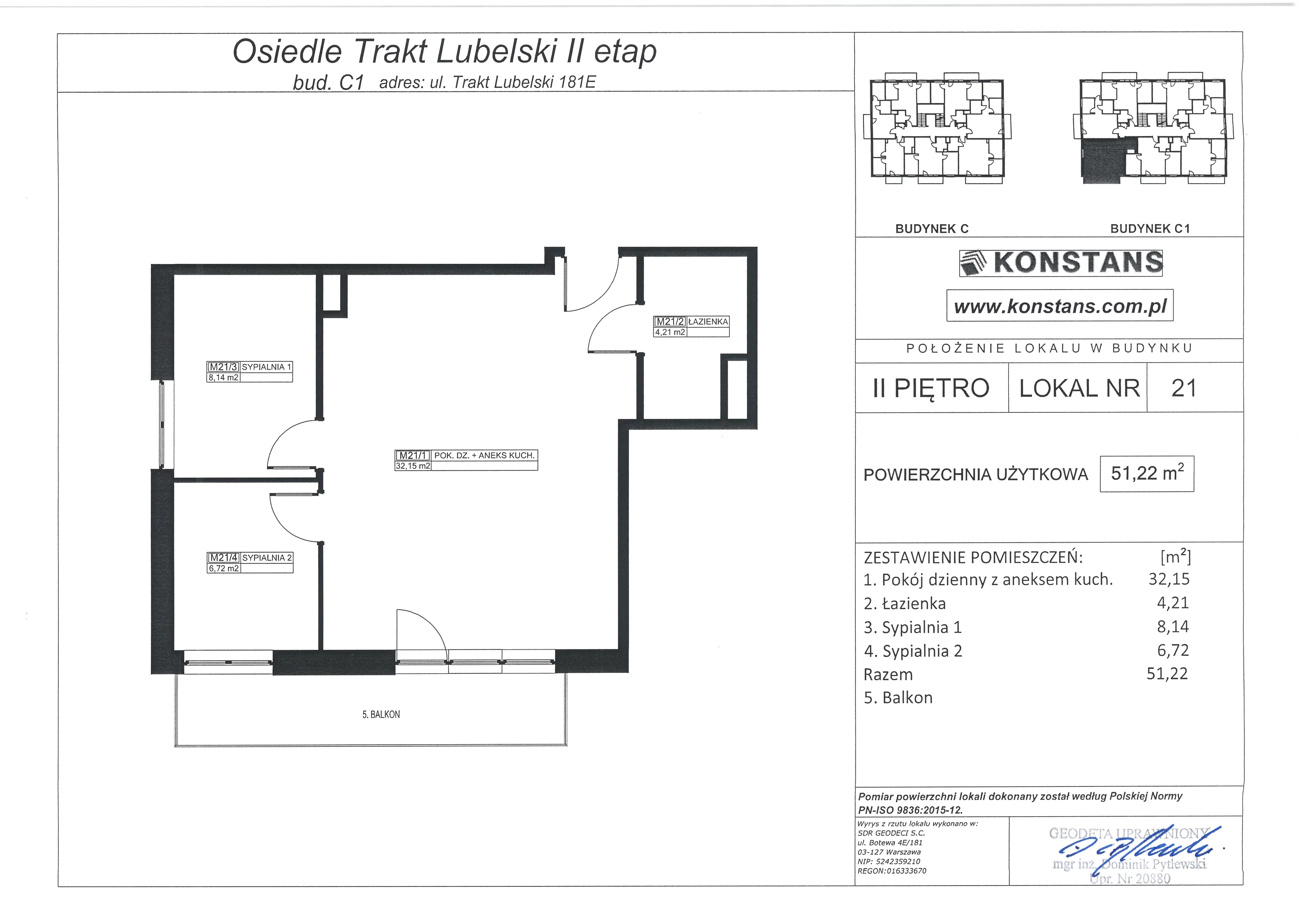 3 pokoje, mieszkanie 51,22 m², piętro 2, oferta nr E21, Trakt Lubelski - Etap II, Warszawa, Wawer, Zbytki, ul. Trakt Lubelski 181E/F