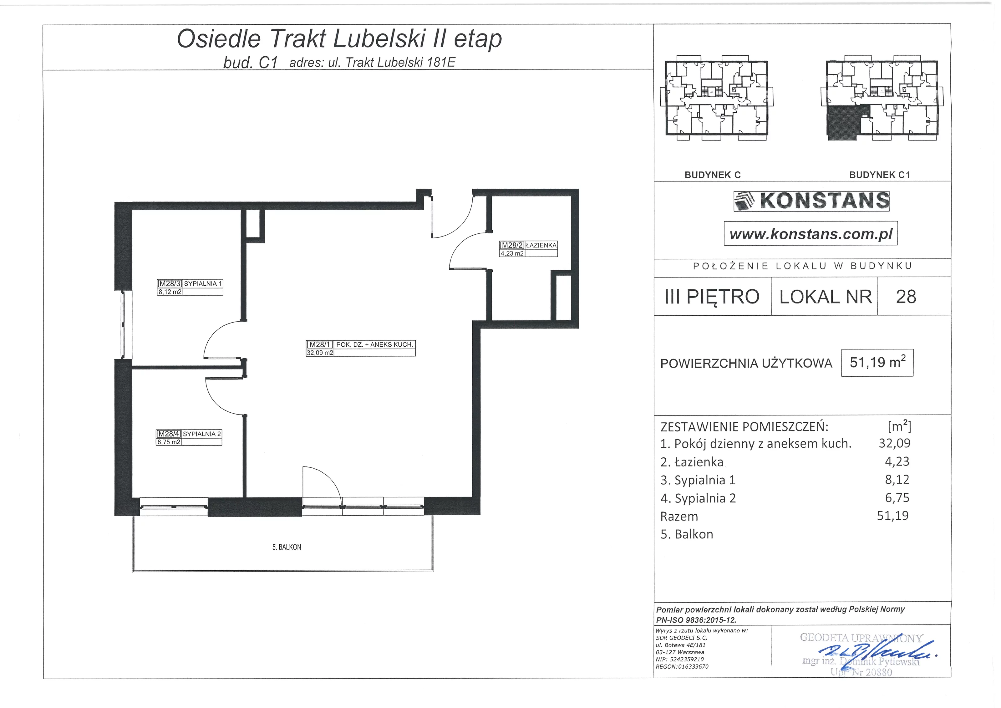 3 pokoje, mieszkanie 51,19 m², piętro 3, oferta nr E28, Trakt Lubelski - Etap II, Warszawa, Wawer, Zbytki, ul. Trakt Lubelski 181E/F