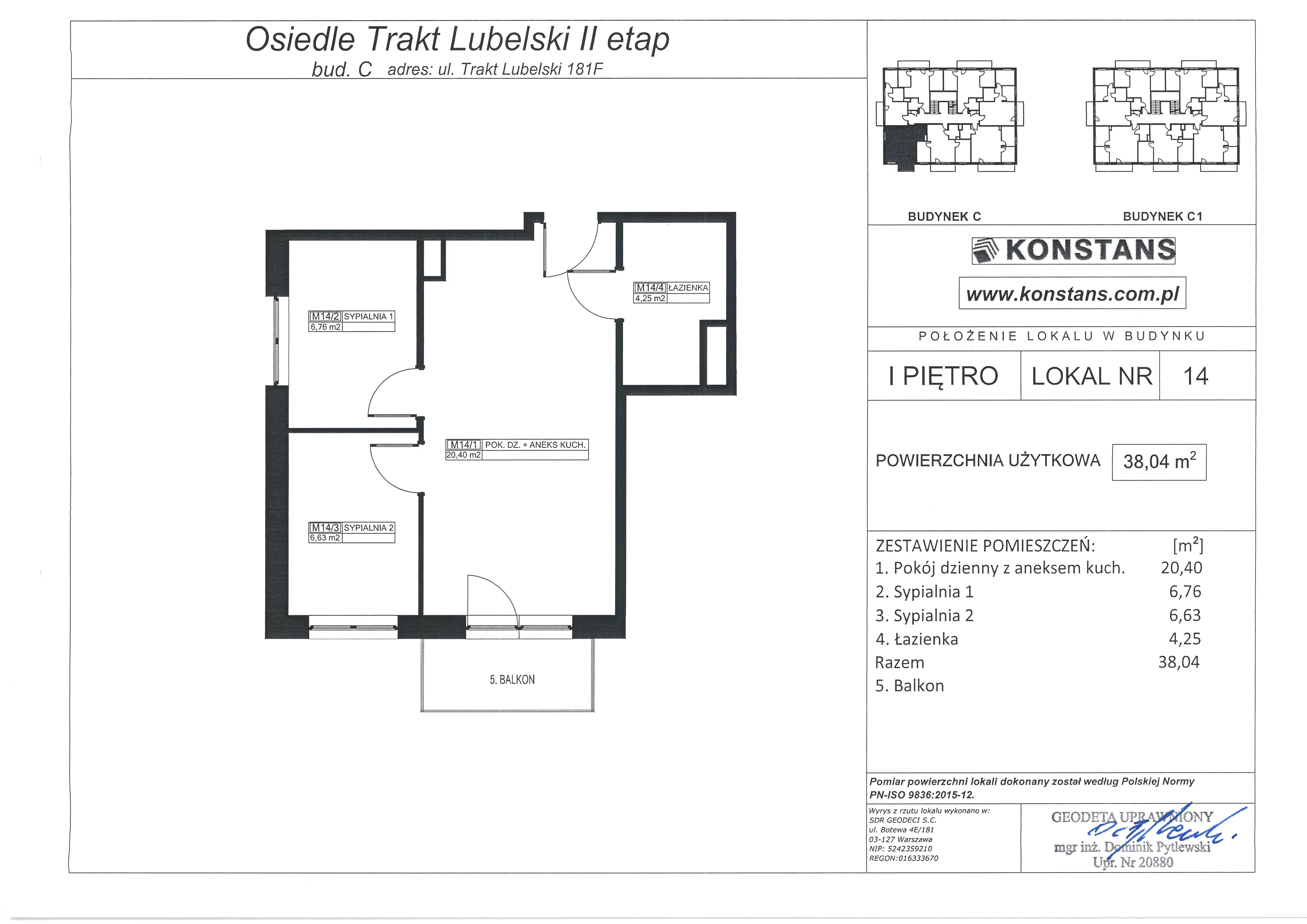 3 pokoje, mieszkanie 38,04 m², piętro 1, oferta nr F14, Trakt Lubelski - Etap II, Warszawa, Wawer, Zbytki, ul. Trakt Lubelski 181E/F