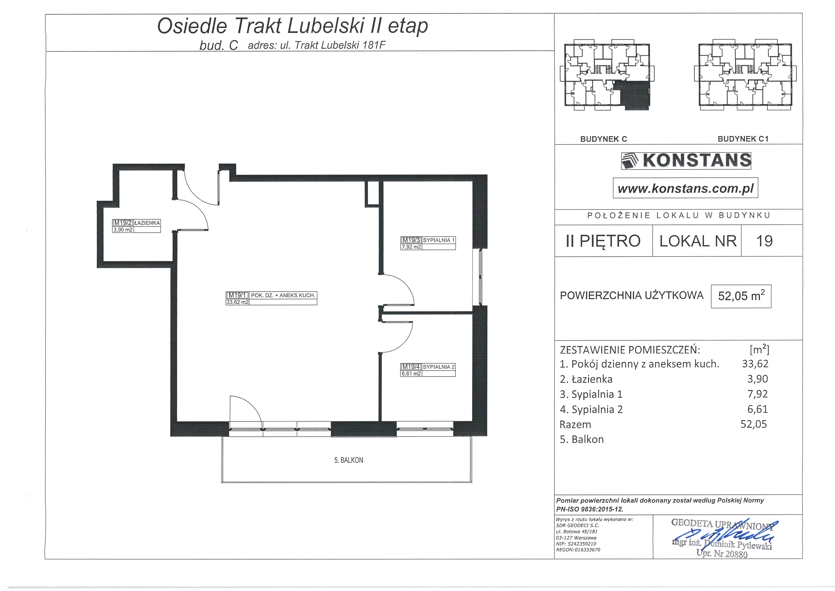 3 pokoje, mieszkanie 52,05 m², piętro 2, oferta nr F19, Trakt Lubelski - Etap II, Warszawa, Wawer, Zbytki, ul. Trakt Lubelski 181E/F