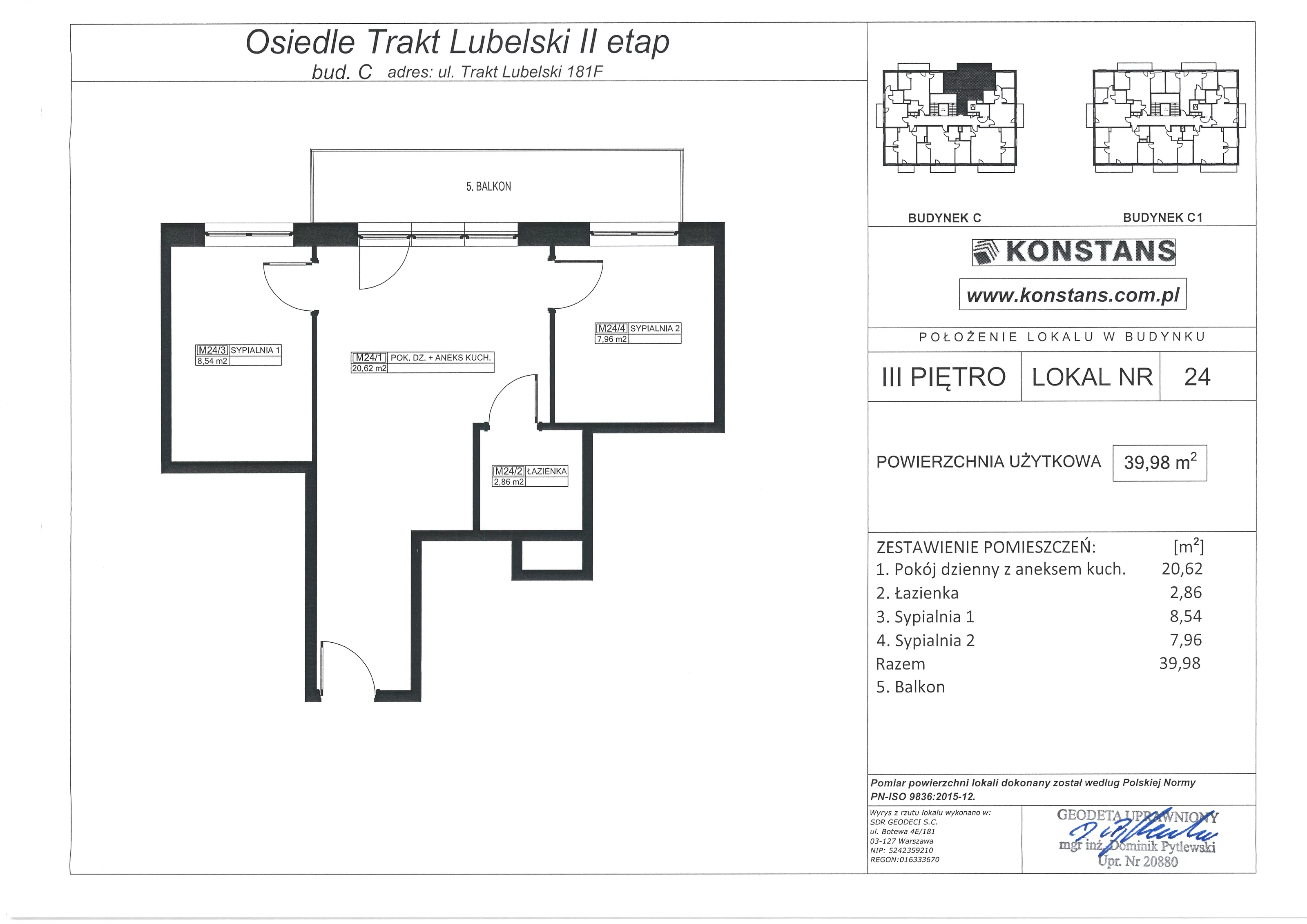 3 pokoje, mieszkanie 39,98 m², piętro 3, oferta nr F24, Trakt Lubelski - Etap II, Warszawa, Wawer, Zbytki, ul. Trakt Lubelski 181E/F