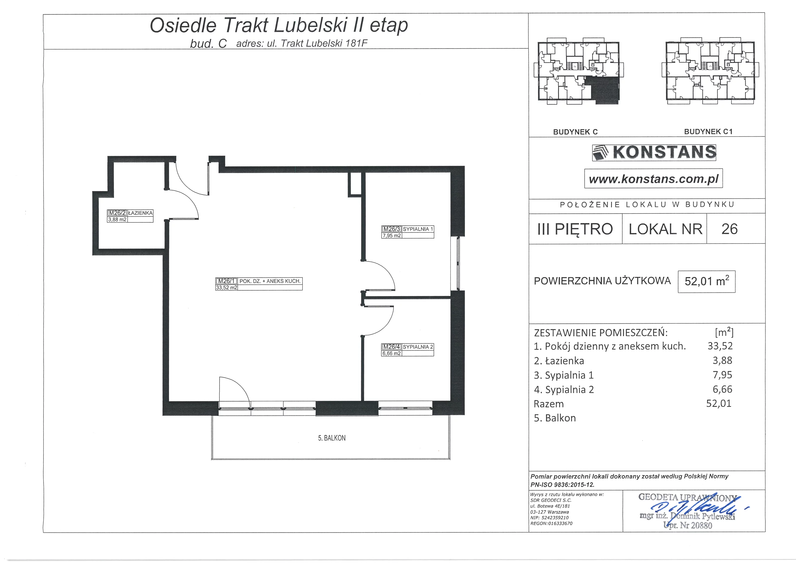 3 pokoje, mieszkanie 52,01 m², piętro 3, oferta nr F26, Trakt Lubelski - Etap II, Warszawa, Wawer, Zbytki, ul. Trakt Lubelski 181E/F