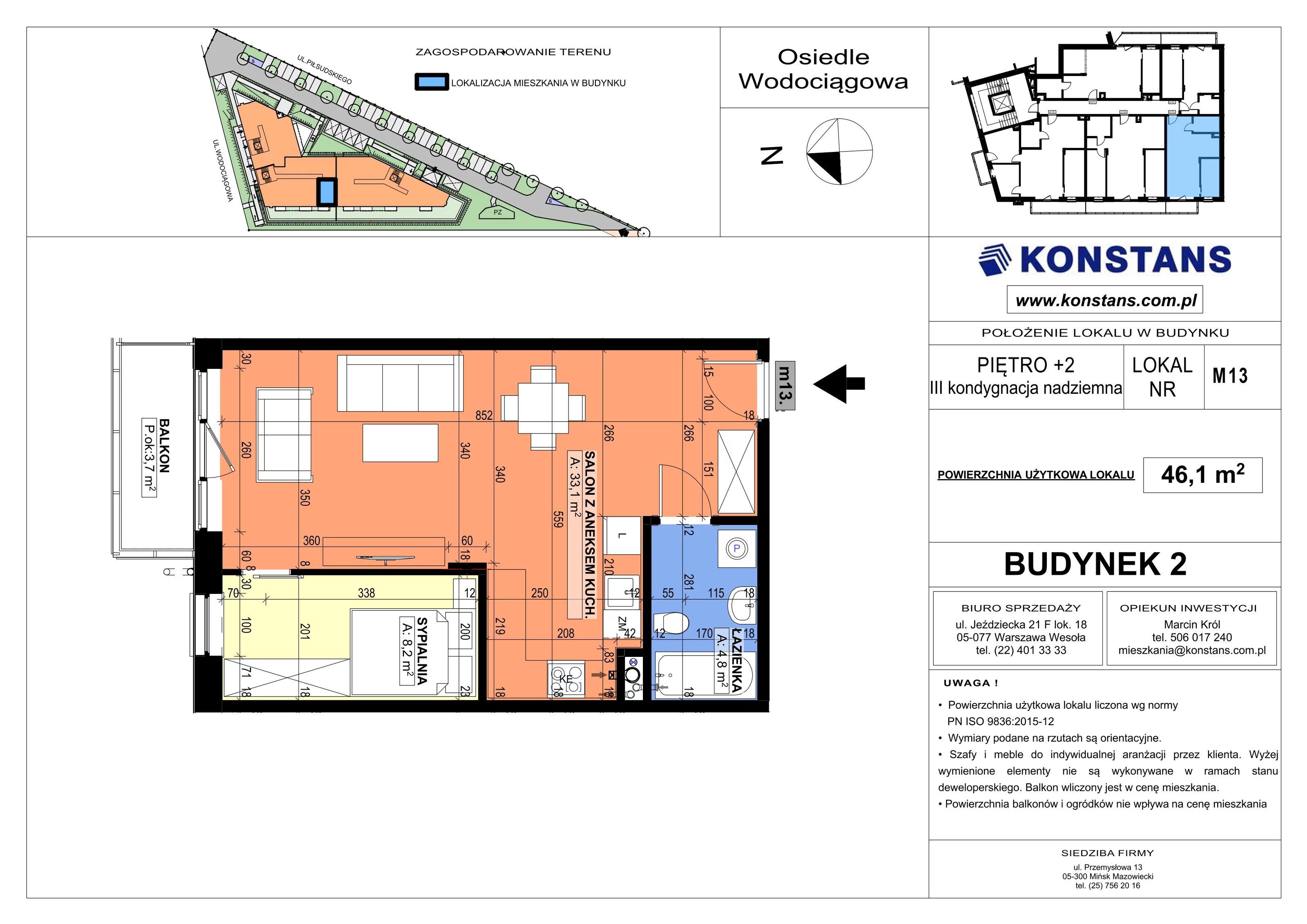 2 pokoje, mieszkanie 46,10 m², piętro 2, oferta nr B2.13, Wodociągowa - Etap VII, Sulejówek, ul. Wodociągowa 1/1A/1B