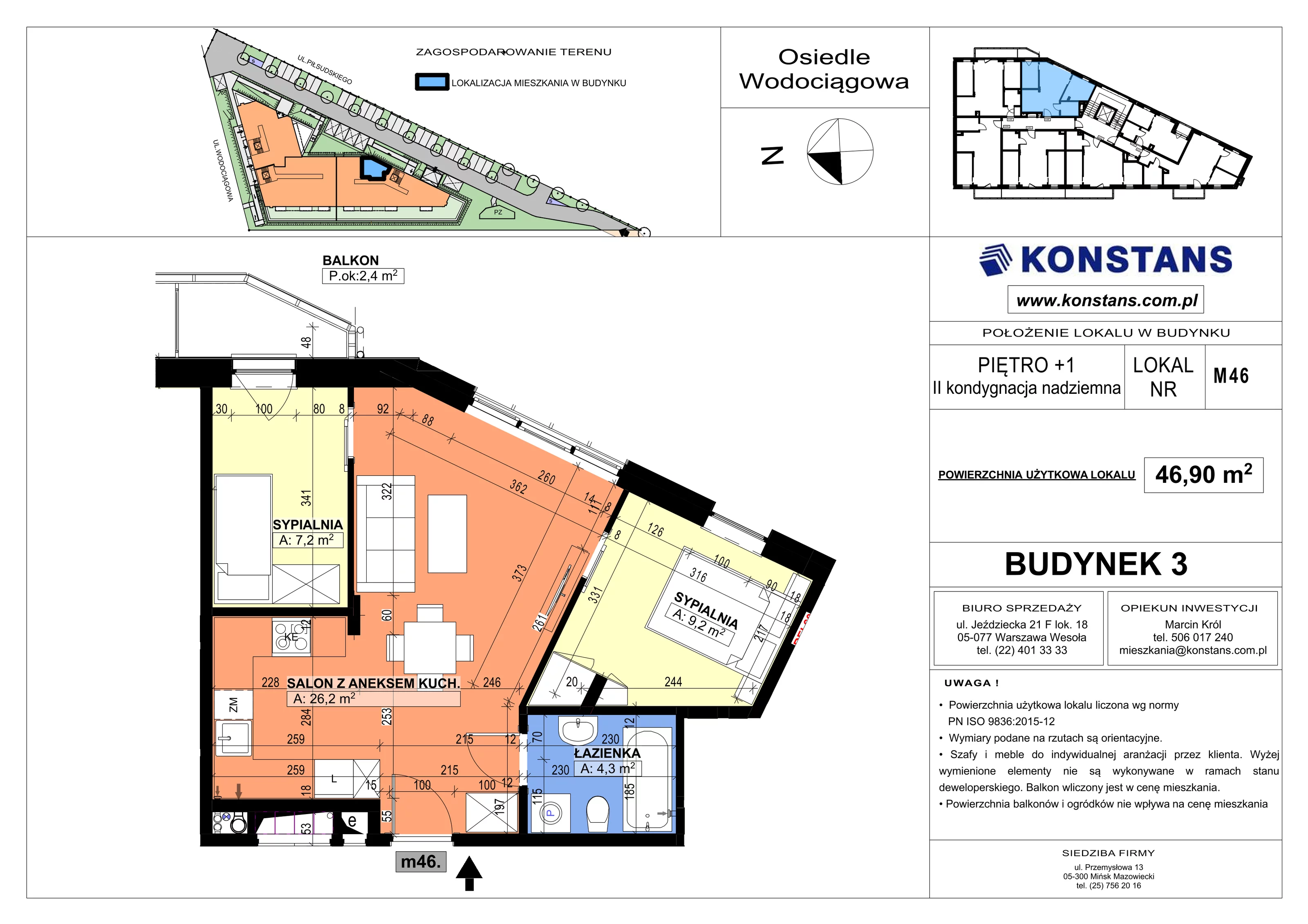 3 pokoje, mieszkanie 46,90 m², piętro 1, oferta nr B3.46, Wodociągowa - Etap VII, Sulejówek, ul. Wodociągowa 1/1A/1B