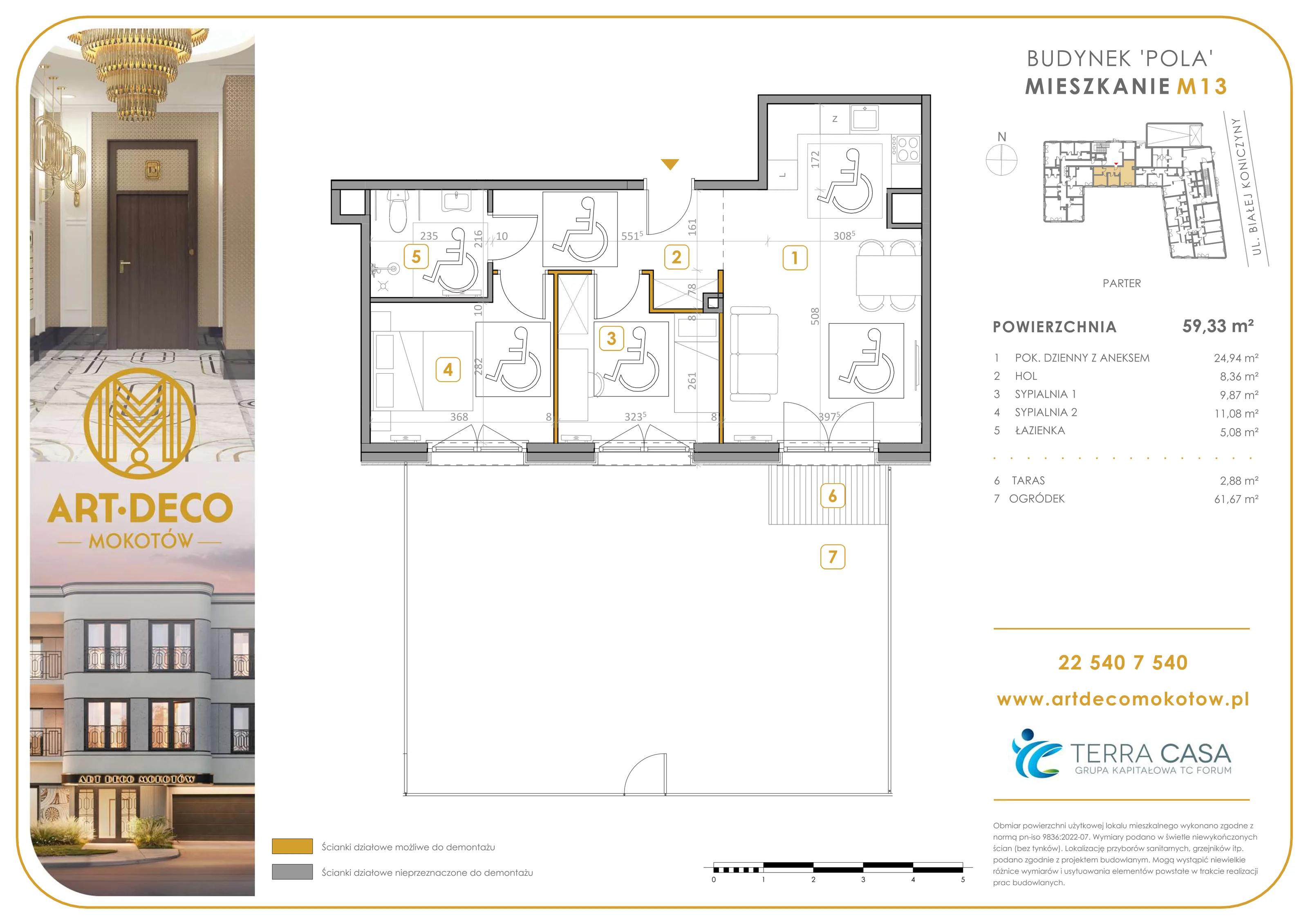 3 pokoje, apartament 59,33 m², parter, oferta nr M13, Art Deco Mokotów, Warszawa, Mokotów, Stegny, ul. Białej Koniczyny