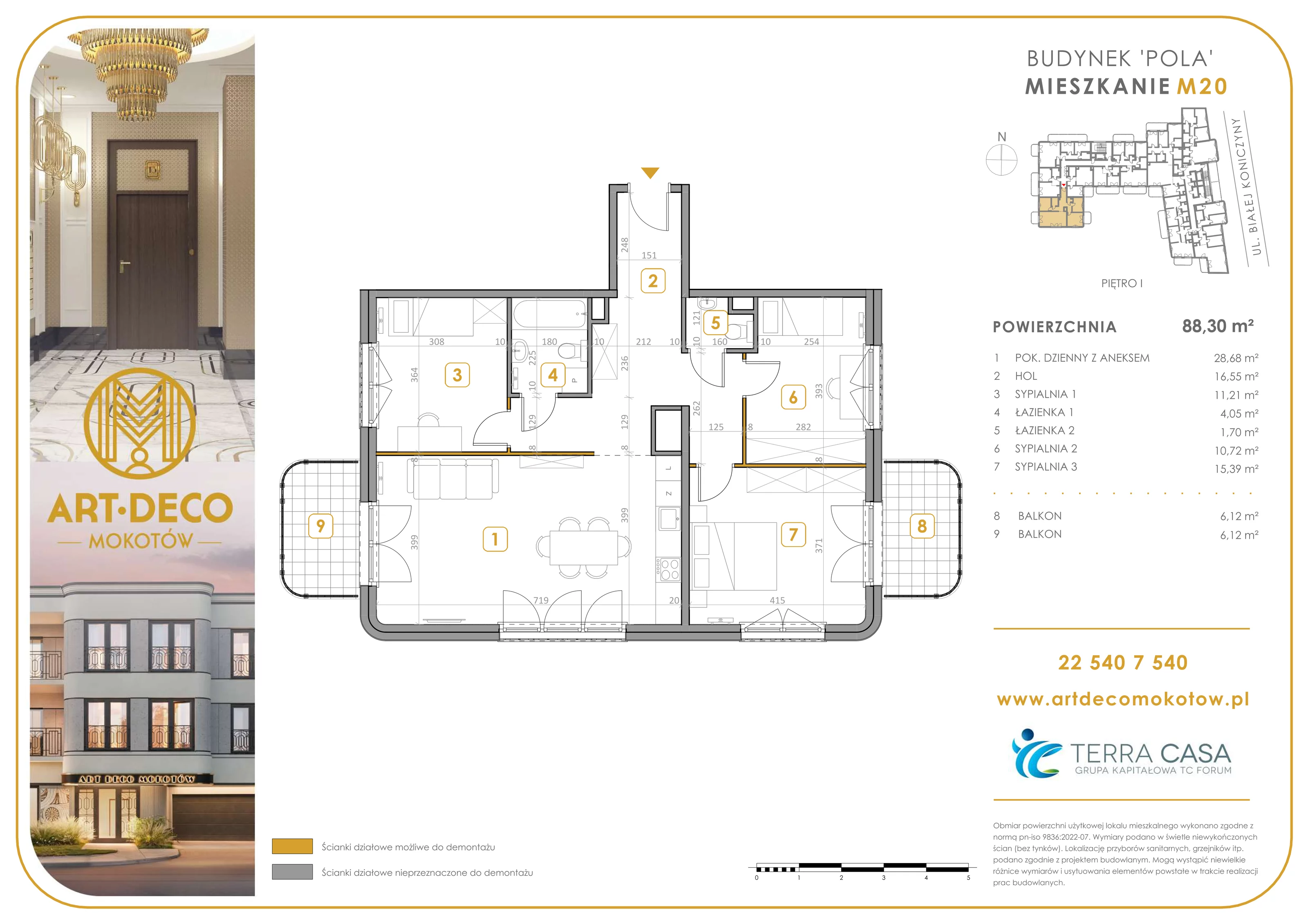 4 pokoje, apartament 88,30 m², piętro 1, oferta nr M20, Art Deco Mokotów, Warszawa, Mokotów, Stegny, ul. Białej Koniczyny