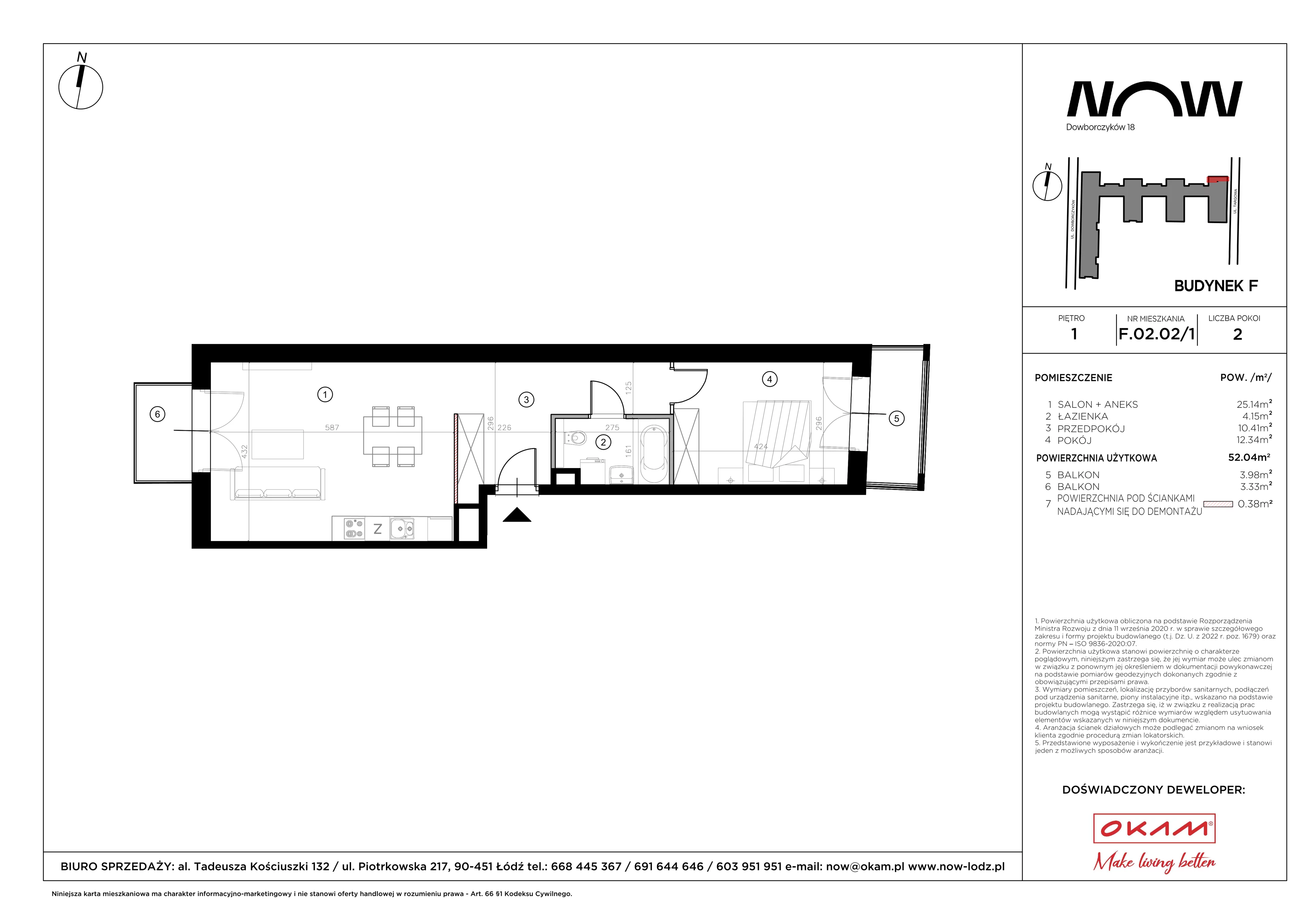 2 pokoje, apartament 52,04 m², piętro 1, oferta nr F.02.02/1, NOW, Łódź, Widzew, Stary Widzew, ul. Dowborczyków 18