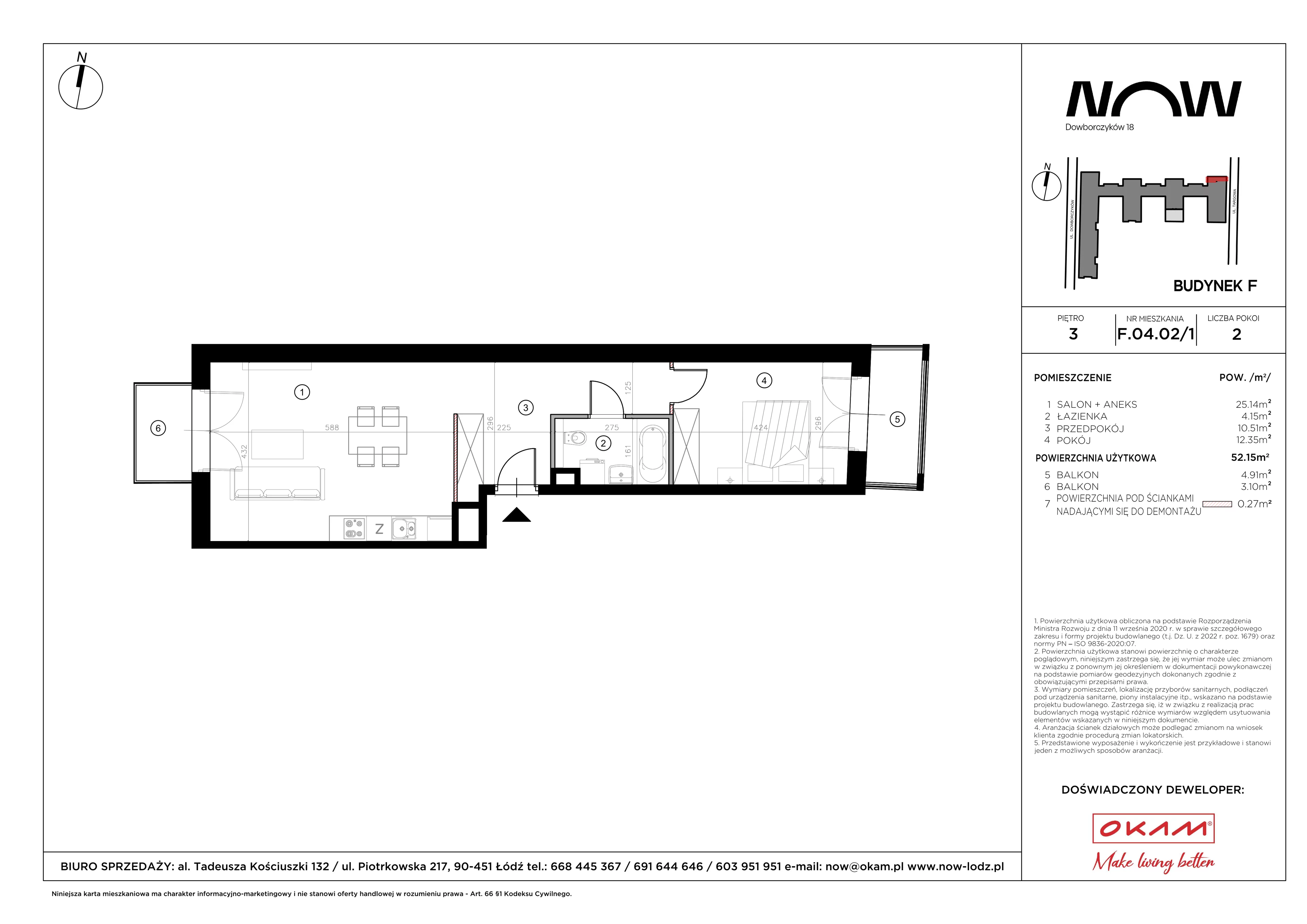 2 pokoje, mieszkanie 52,15 m², piętro 3, oferta nr F.04.02/1, NOW, Łódź, Widzew, Stary Widzew, ul. Dowborczyków 18
