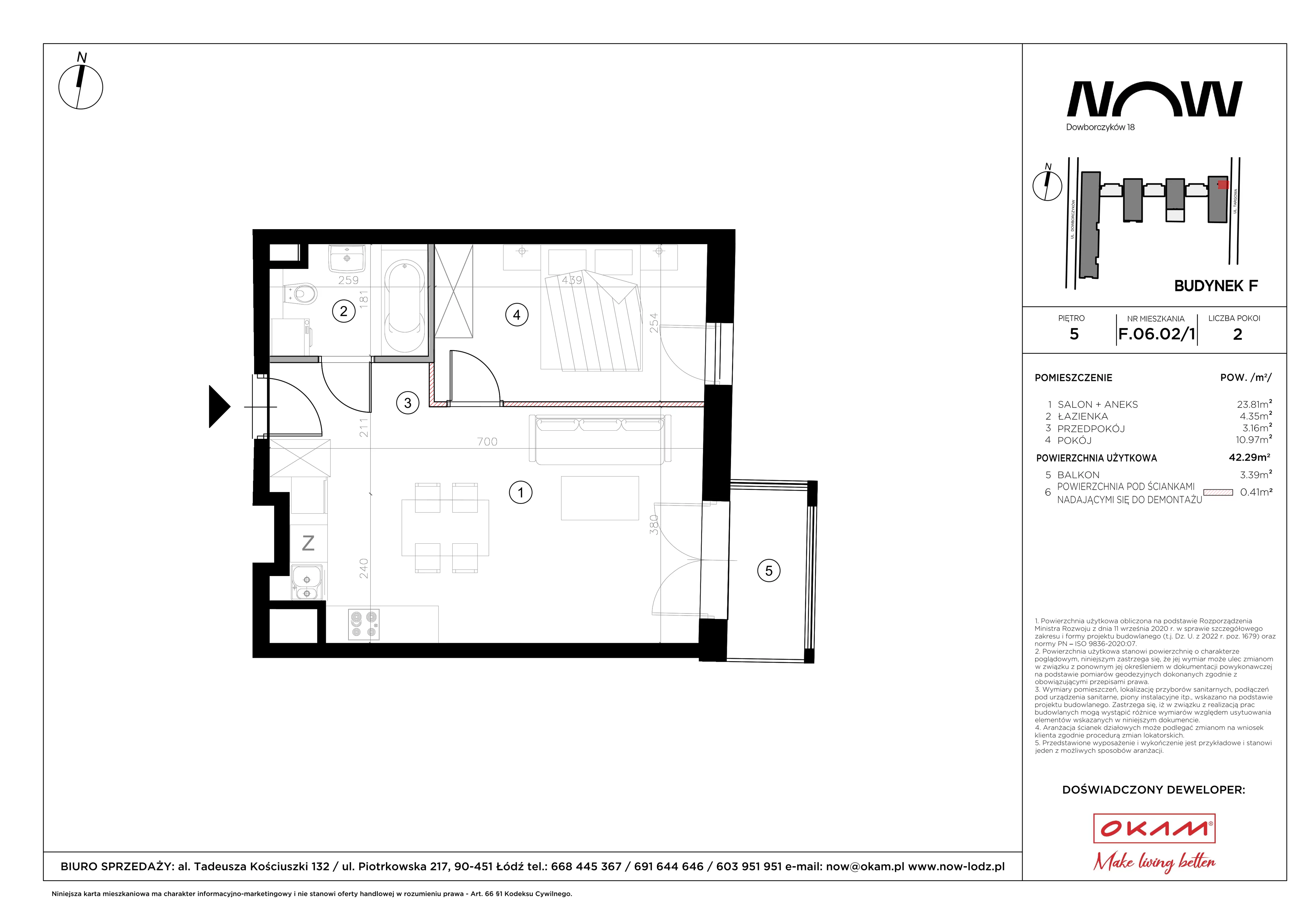 2 pokoje, mieszkanie 42,29 m², piętro 5, oferta nr F.06.02/1, NOW, Łódź, Widzew, Stary Widzew, ul. Dowborczyków 18