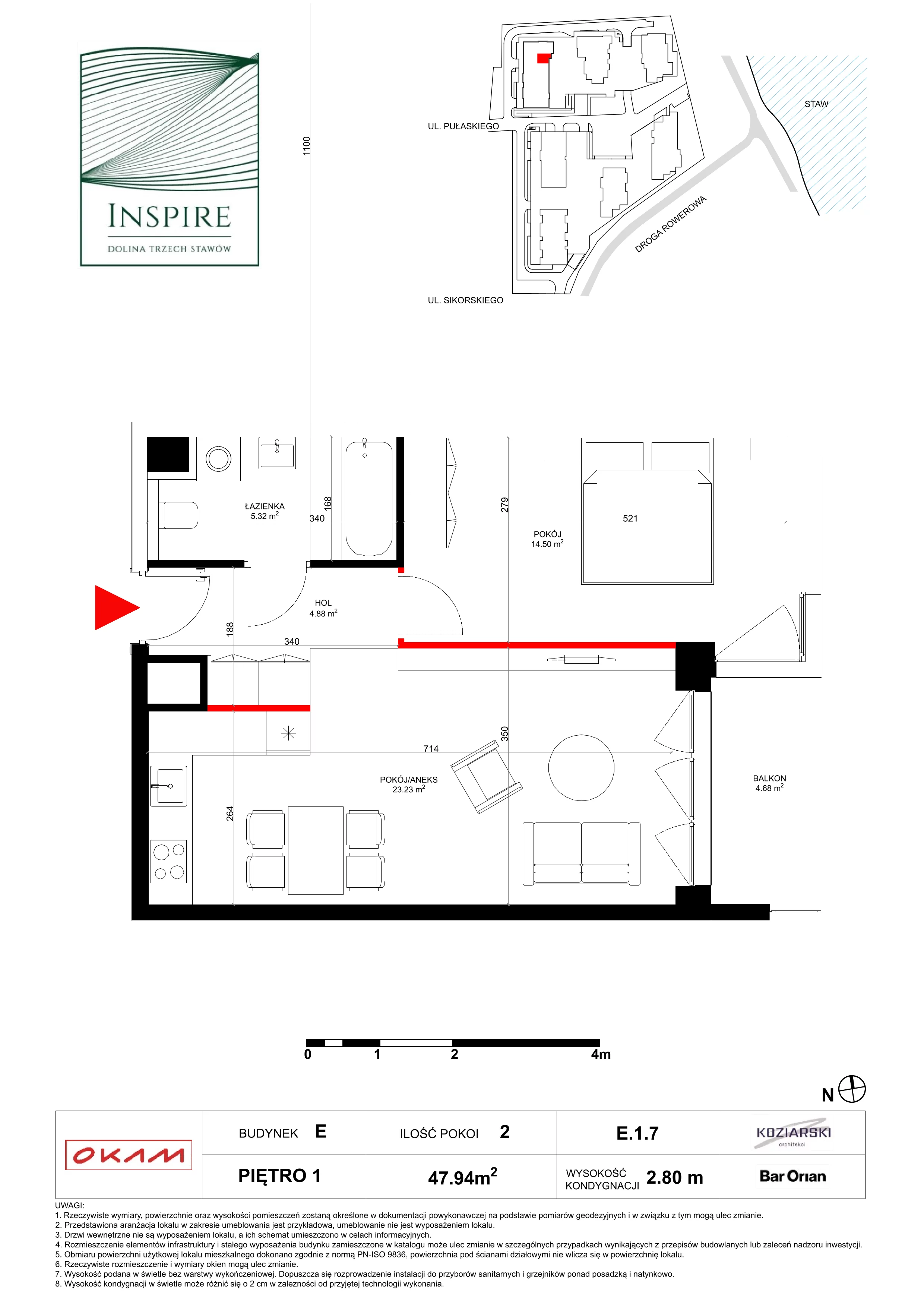 Mieszkanie 47,94 m², piętro 1, oferta nr E.1.7, Inspire, Katowice, Osiedle Paderewskiego-Muchowiec, Dolina Trzech Stawów, ul. gen. Sikorskiego 41