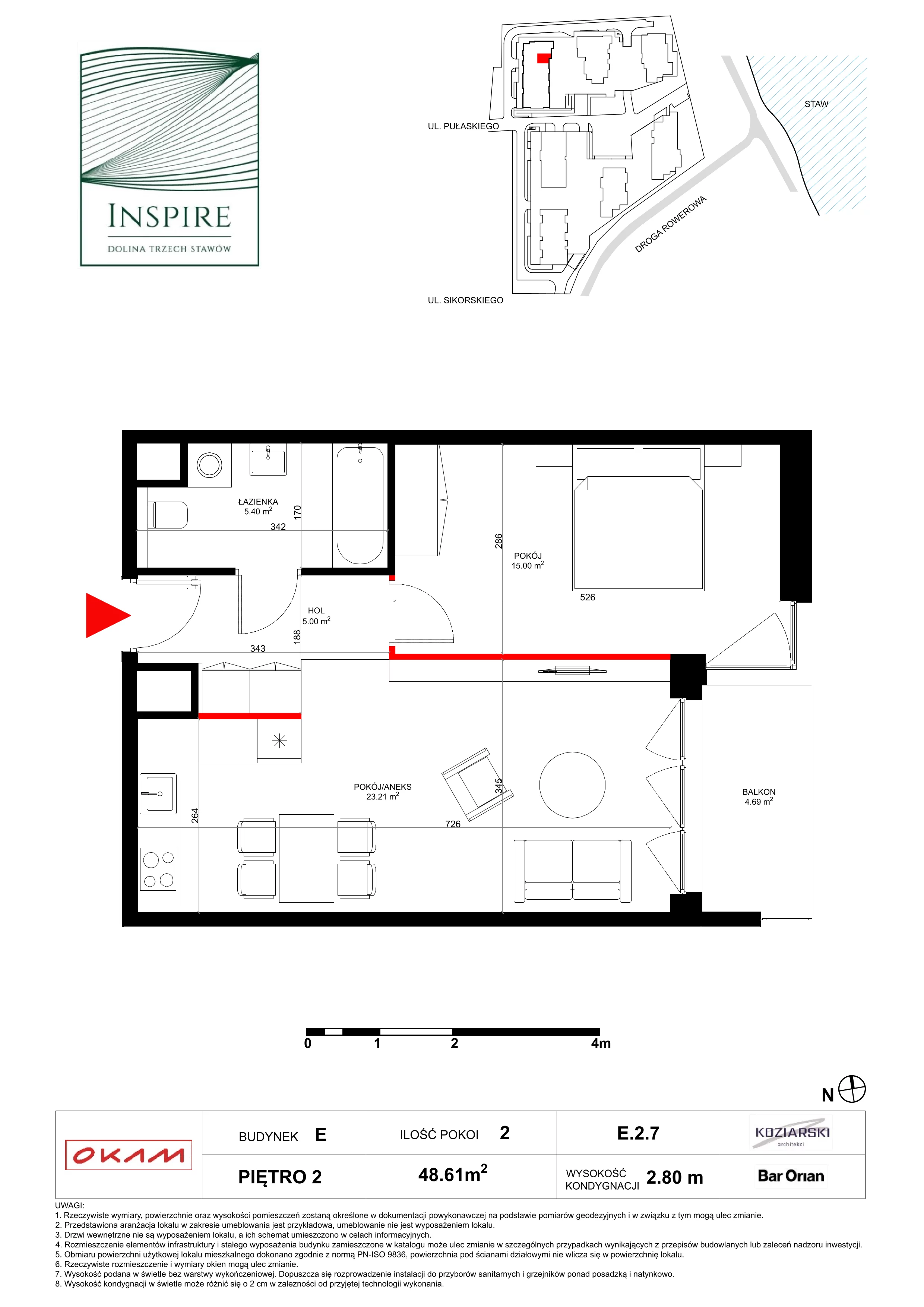 Mieszkanie 48,61 m², piętro 2, oferta nr E.2.7, Inspire, Katowice, Osiedle Paderewskiego-Muchowiec, Dolina Trzech Stawów, ul. gen. Sikorskiego 41