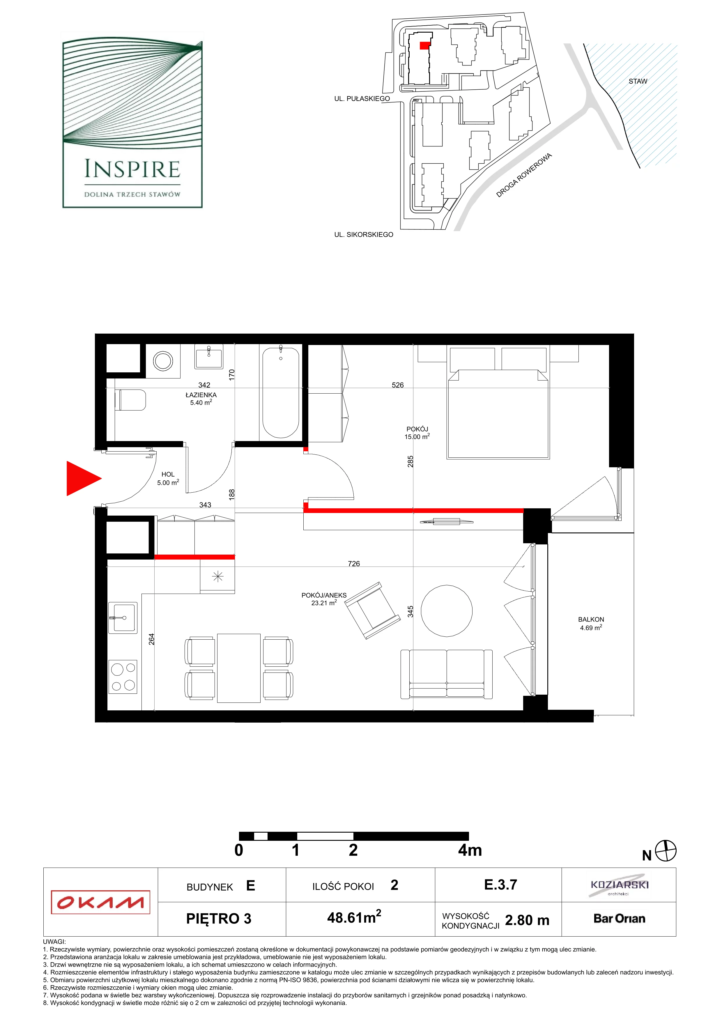 Mieszkanie 48,61 m², piętro 3, oferta nr E.3.7, Inspire, Katowice, Osiedle Paderewskiego-Muchowiec, Dolina Trzech Stawów, ul. gen. Sikorskiego 41