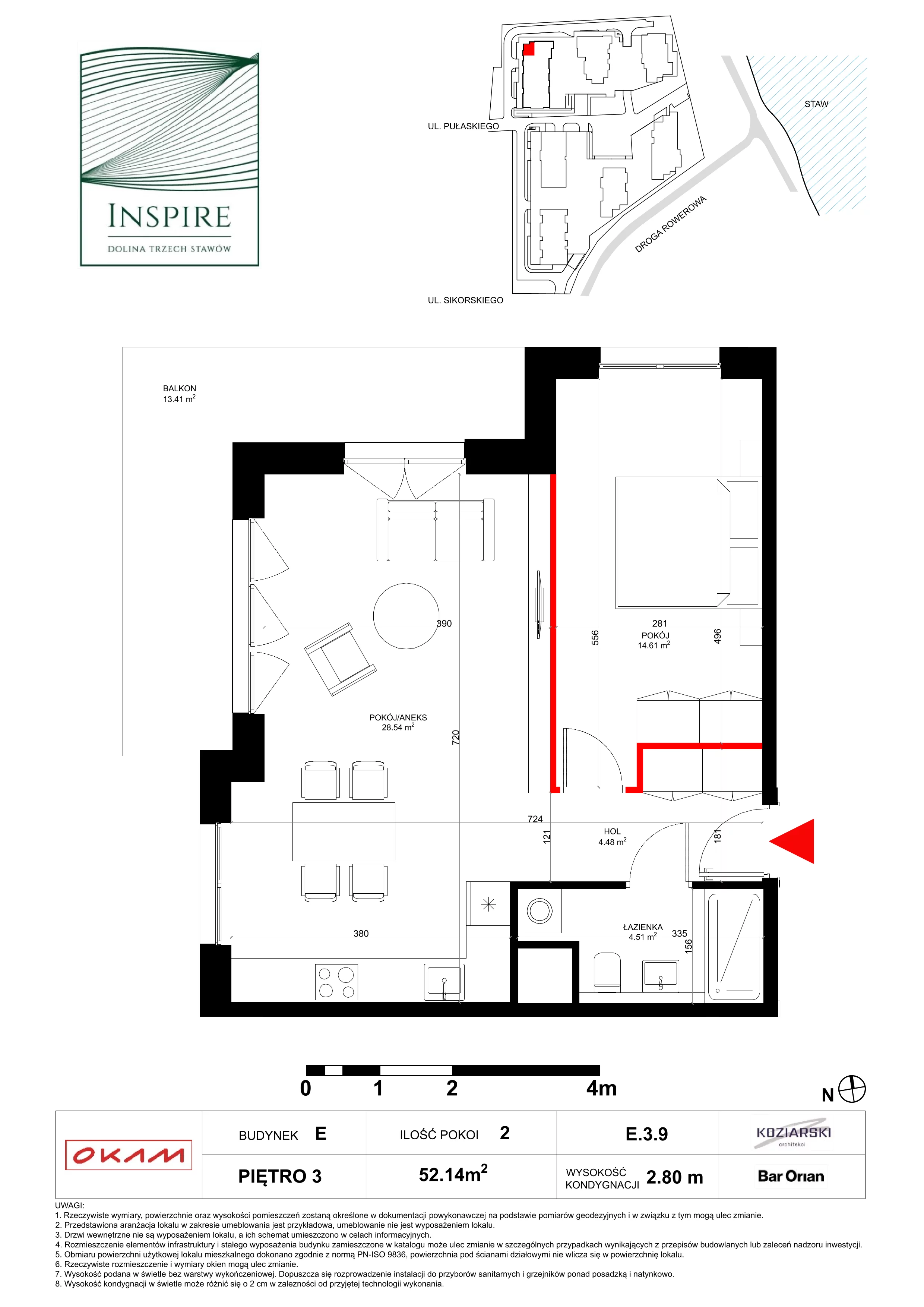 Mieszkanie 52,14 m², piętro 3, oferta nr E.3.9, Inspire, Katowice, Osiedle Paderewskiego-Muchowiec, Dolina Trzech Stawów, ul. gen. Sikorskiego 41