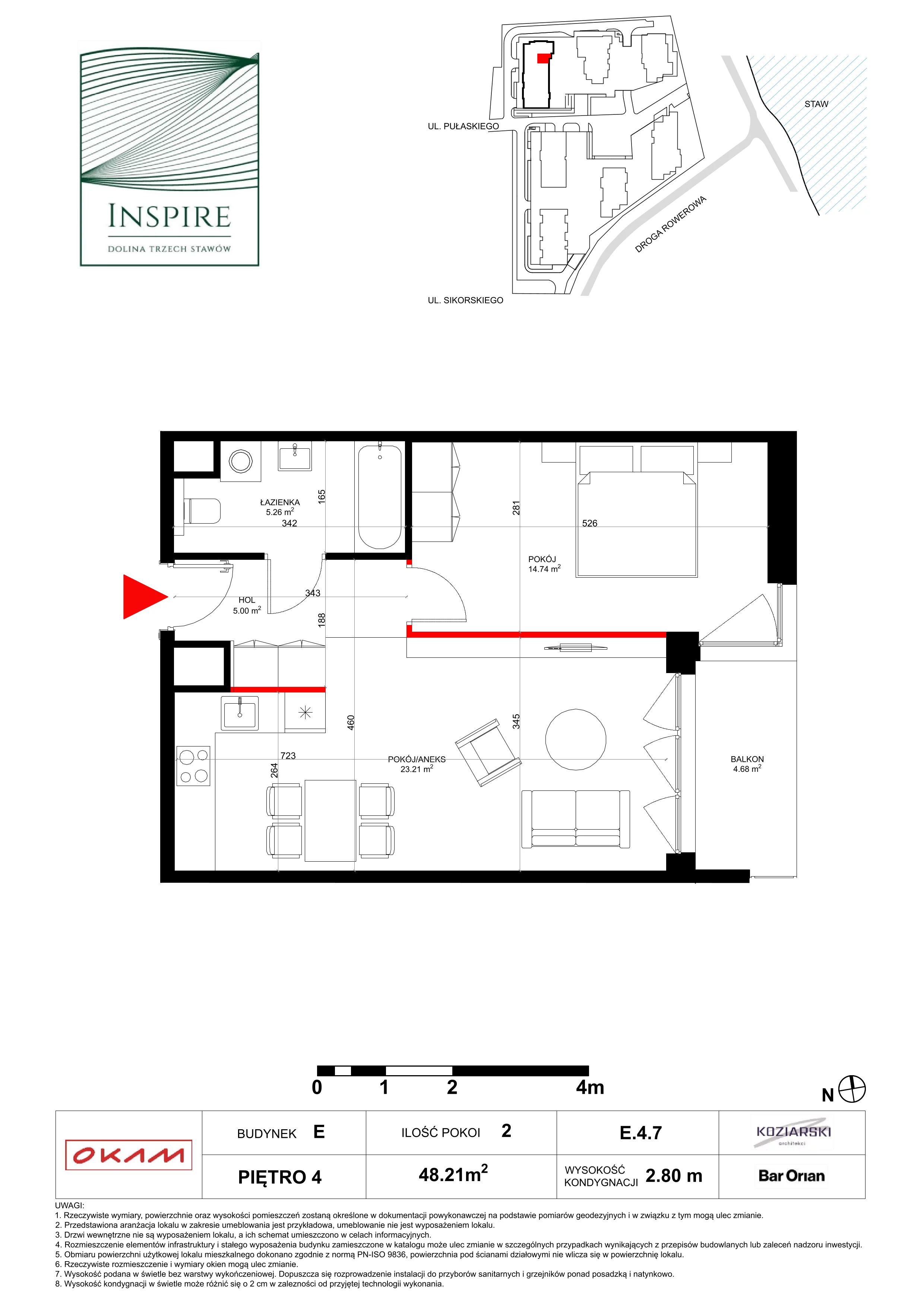 Mieszkanie 48,21 m², piętro 4, oferta nr E.4.7, Inspire, Katowice, Osiedle Paderewskiego-Muchowiec, Dolina Trzech Stawów, ul. gen. Sikorskiego 41