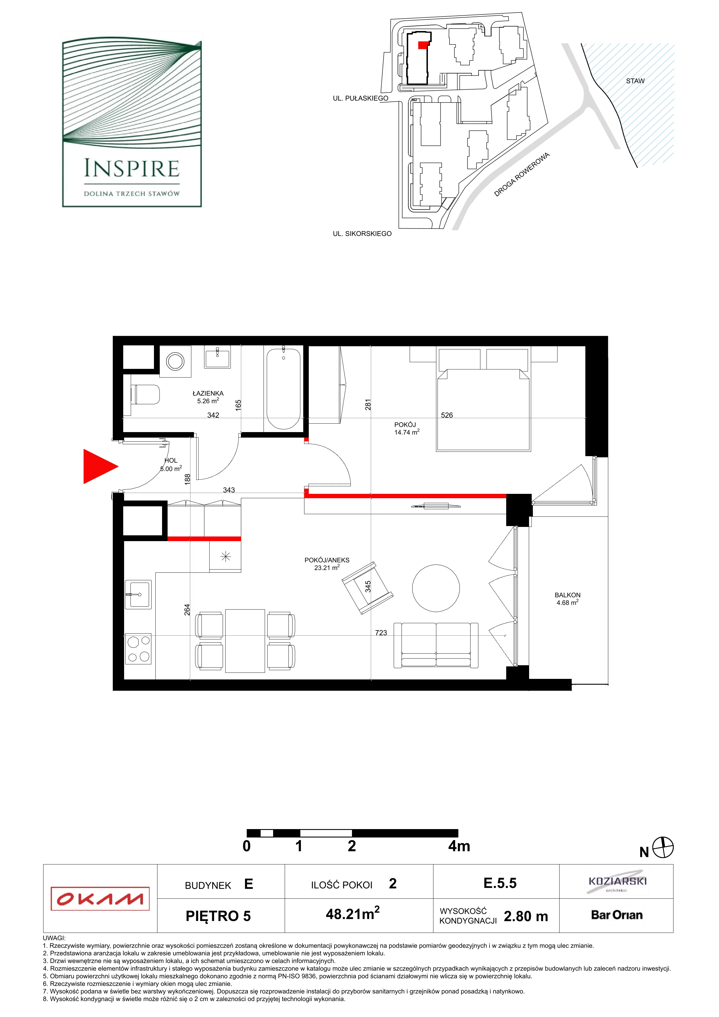 Mieszkanie 48,21 m², piętro 5, oferta nr E.5.5, Inspire, Katowice, Osiedle Paderewskiego-Muchowiec, Dolina Trzech Stawów, ul. gen. Sikorskiego 41