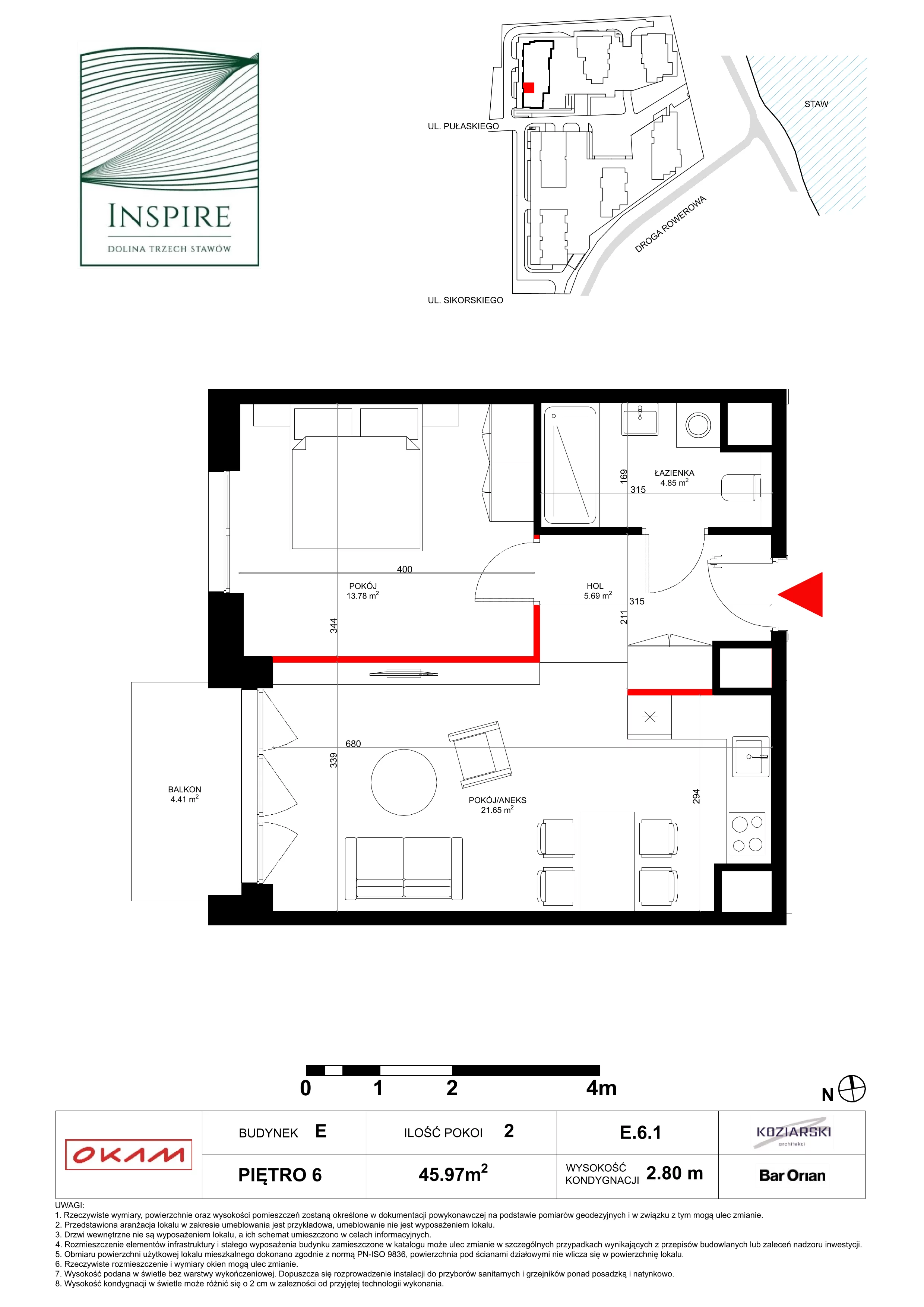 Mieszkanie 45,97 m², piętro 6, oferta nr E.6.1, Inspire, Katowice, Osiedle Paderewskiego-Muchowiec, Dolina Trzech Stawów, ul. gen. Sikorskiego 41