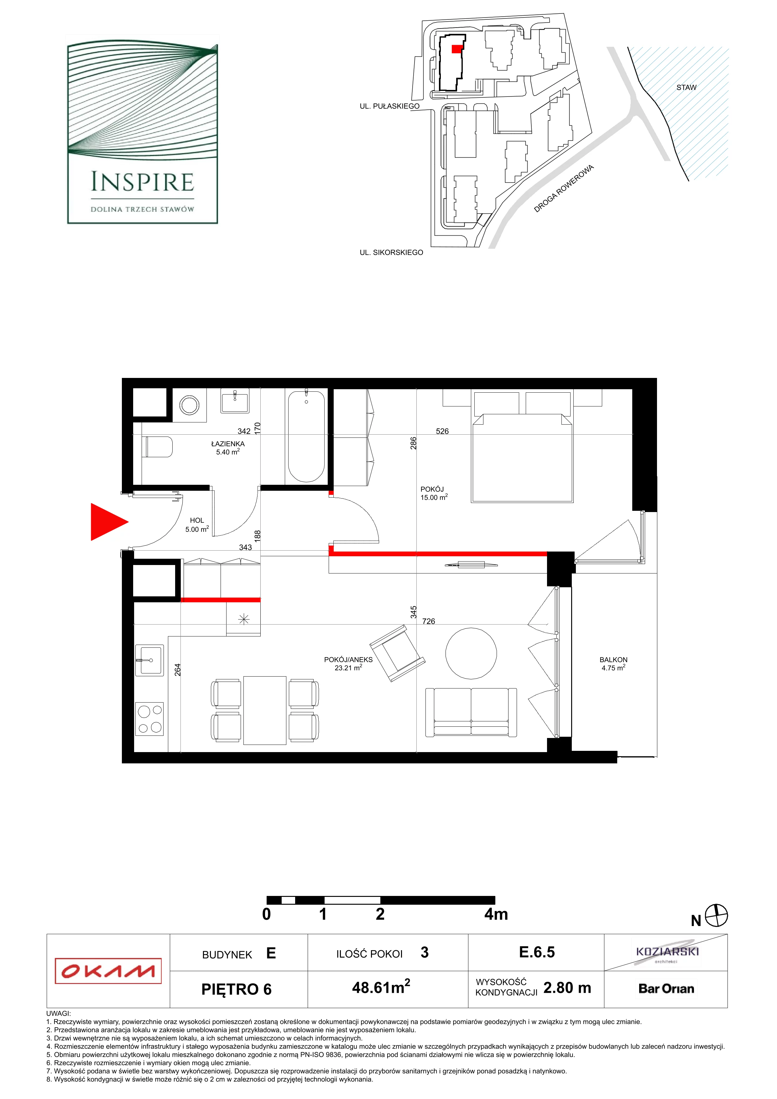 Mieszkanie 48,61 m², piętro 6, oferta nr E.6.5, Inspire, Katowice, Osiedle Paderewskiego-Muchowiec, Dolina Trzech Stawów, ul. gen. Sikorskiego 41